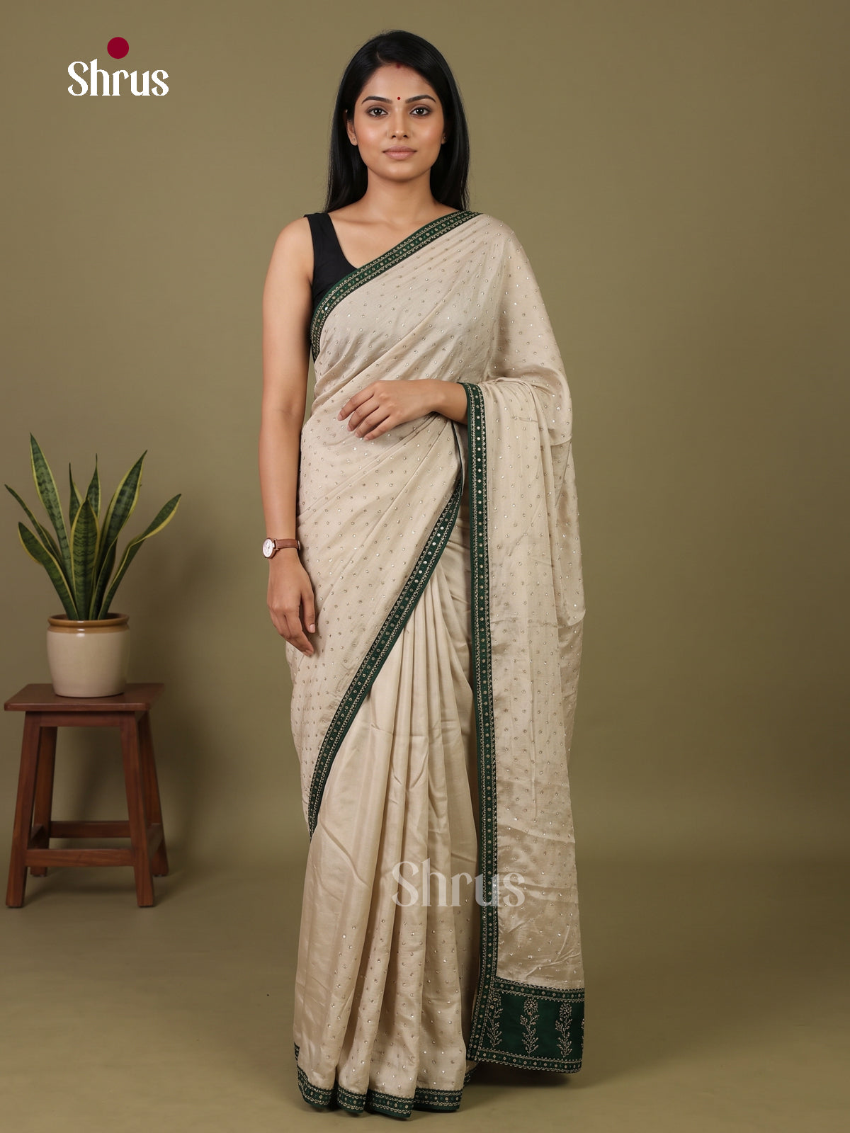 Pretty Cream & Green Designer Saree with stone work - Shop on Shrus.com