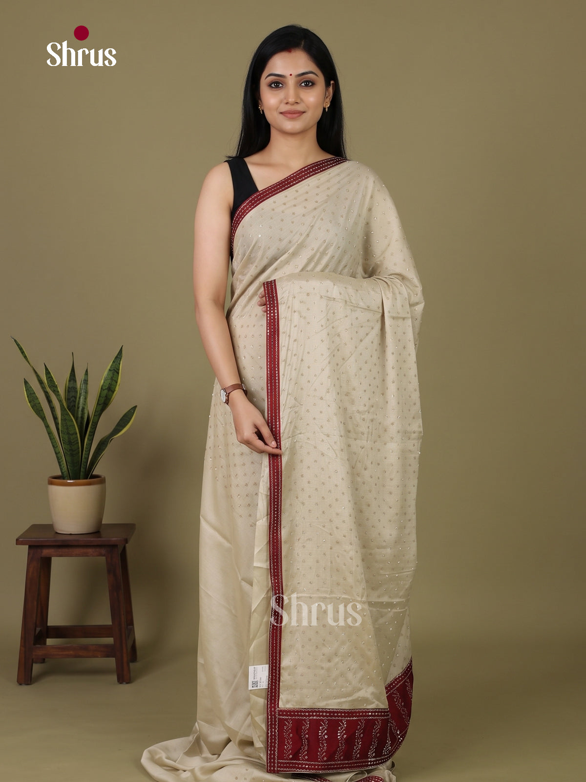 Elegant Cream & Maroon Designer Saree with stone work - Shop on Shrus.com