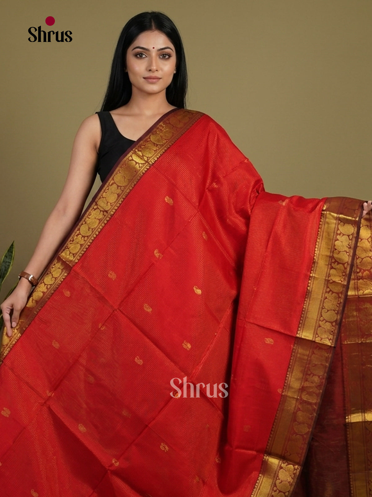 Bright Red & Maroon Silk Cotton Saree with zari manga and peacock buttas