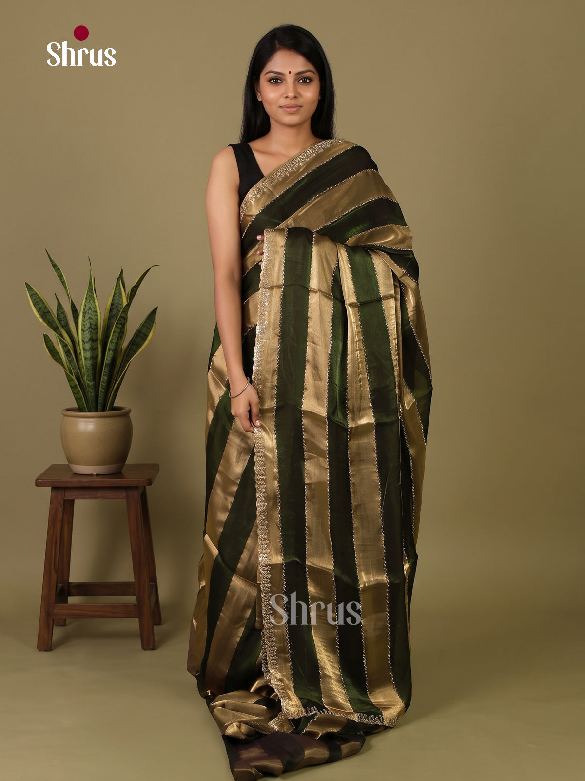 Beautiful Green & Gold Designer Saree with stone work border - Shop on Shrus.com