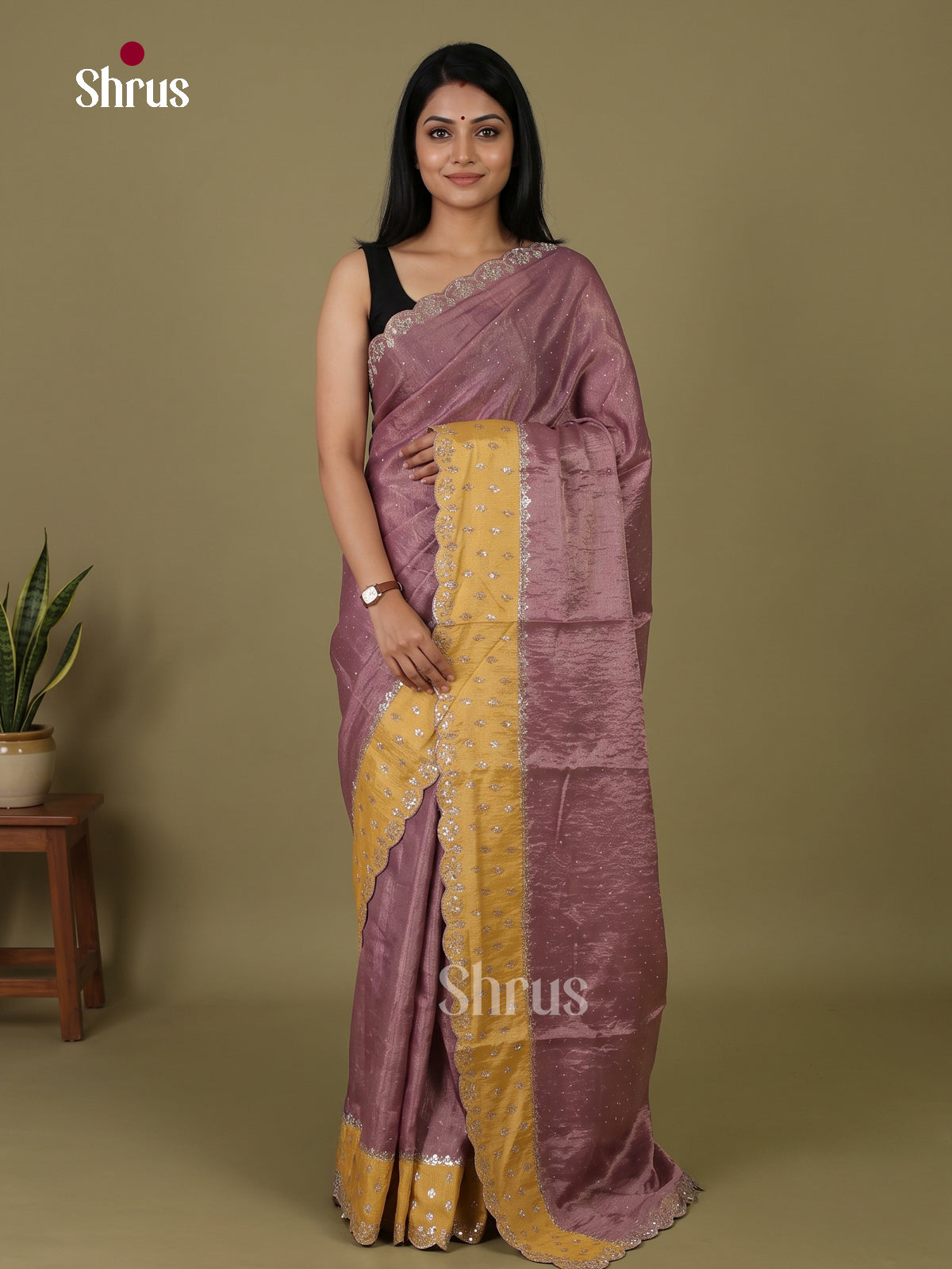 Pretty Mauve and Mustard Designer Saree with floral embroidery - Shop on Shrus.com
