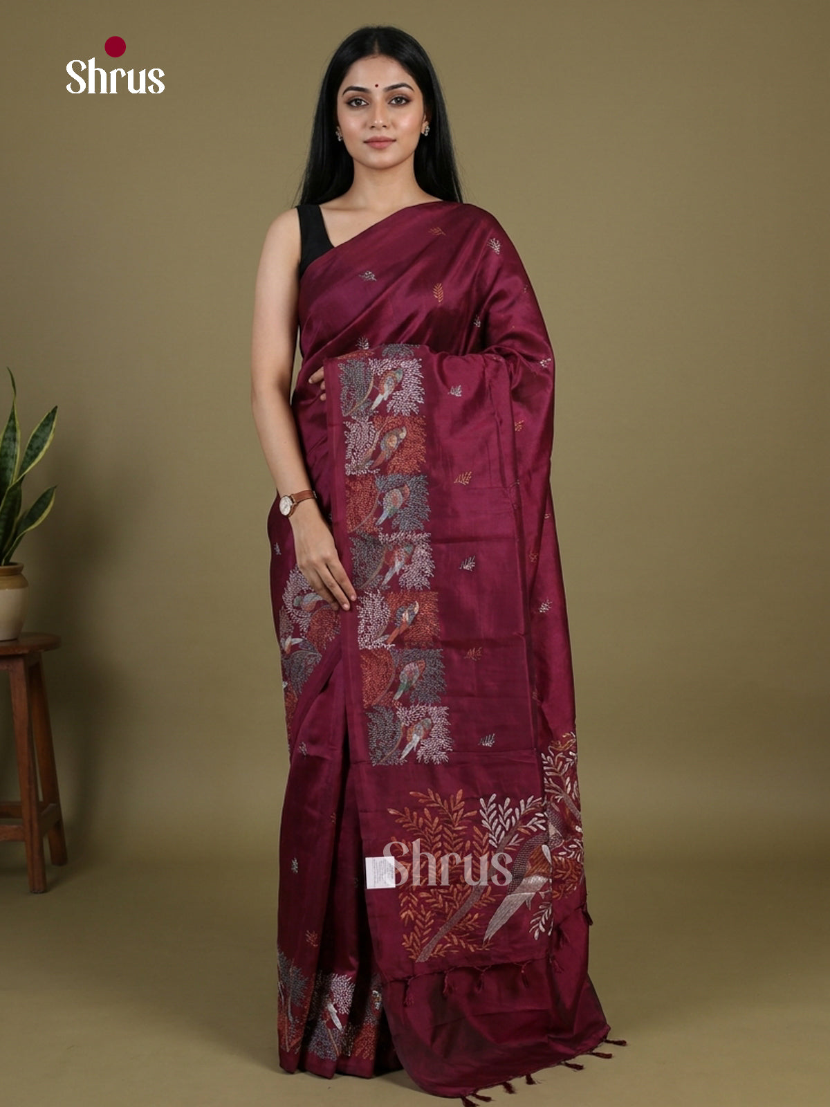 Wine - Semi Rawsilk Embroidery Saree