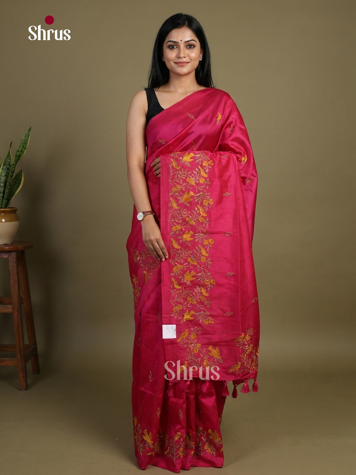 Dark Pink - Semi Rawsilk Embroidery Saree