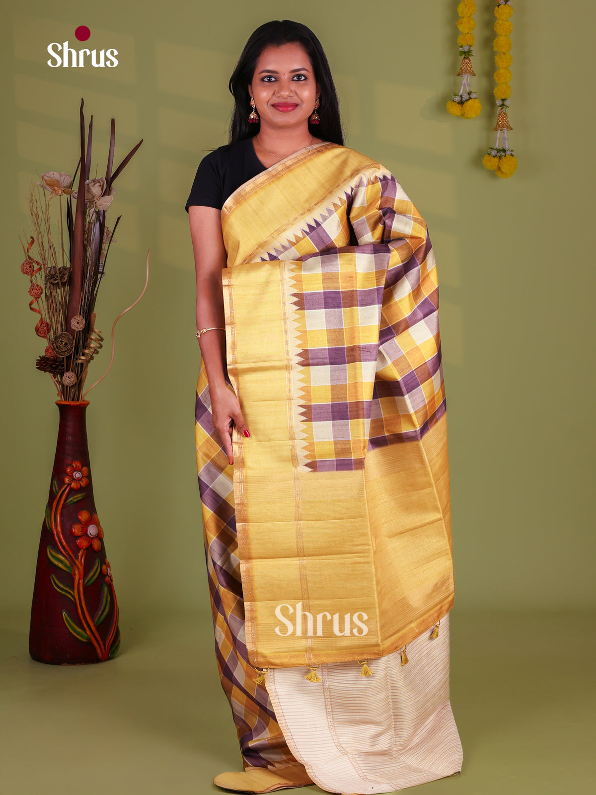 Yellow & Cream - Semi Tussar Saree