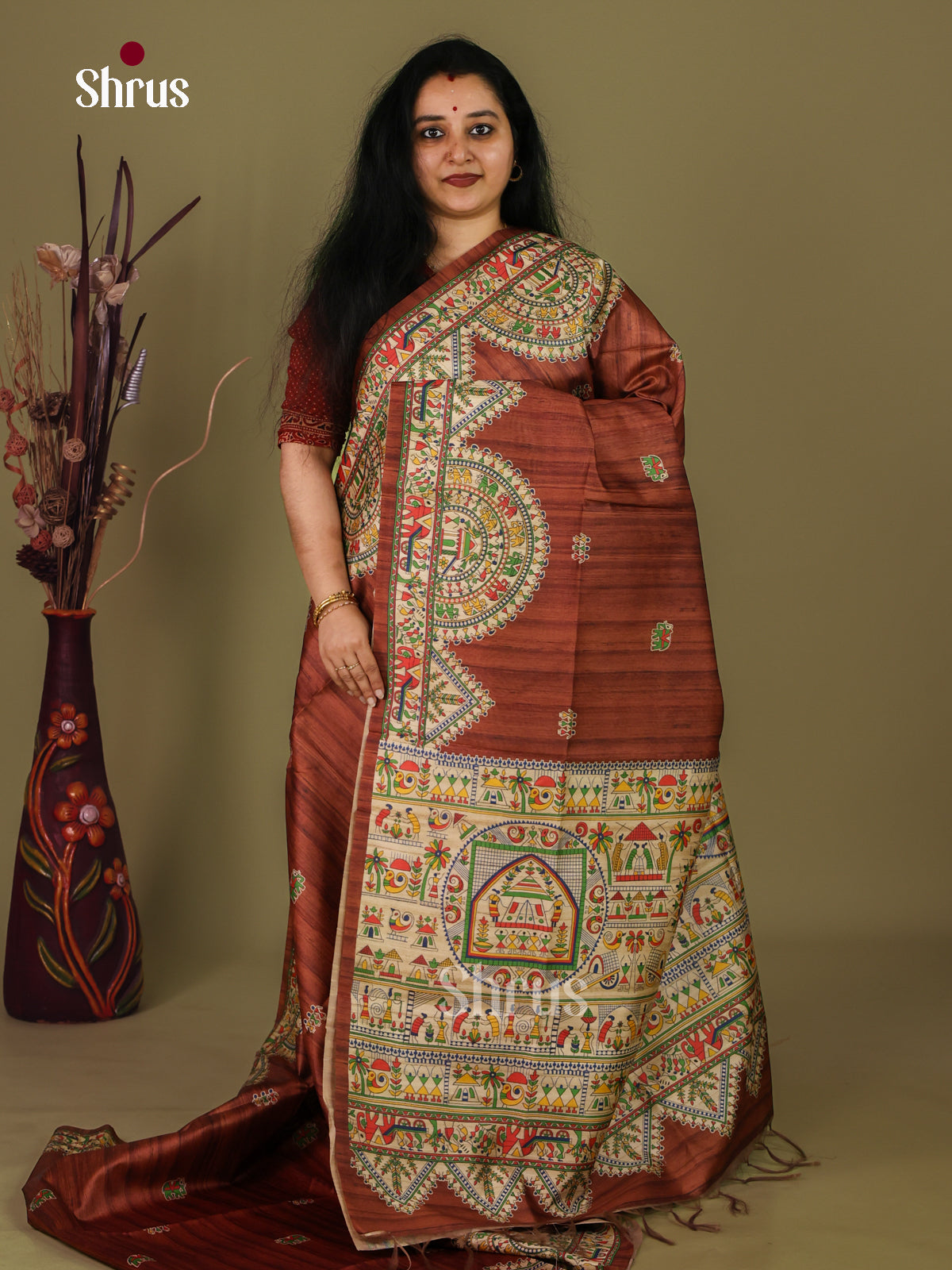 Brown & Cream -Printed Madhubani Saree