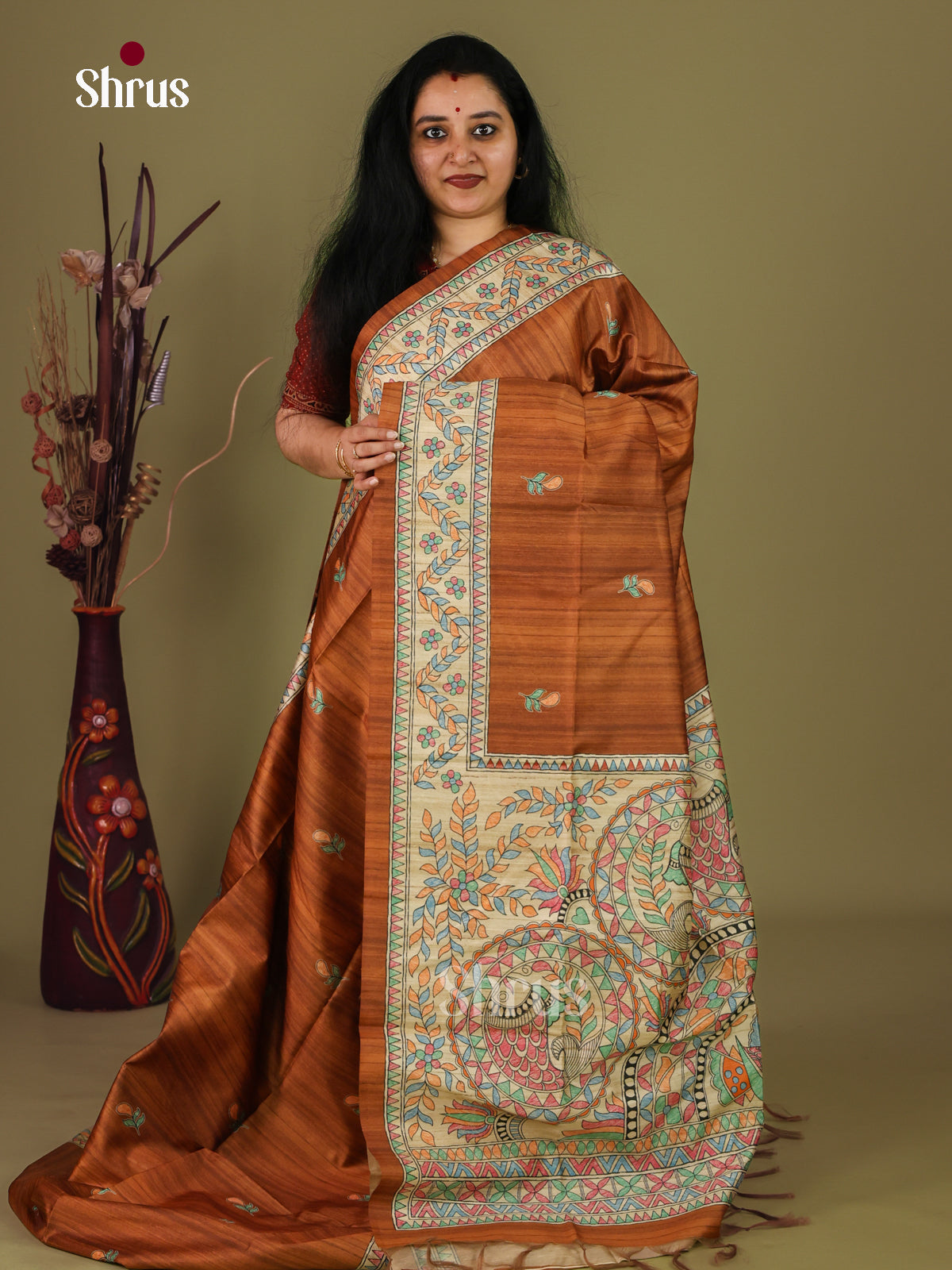 Brown & Cream - Printed Madhubani Saree - Shop on Shrus.com