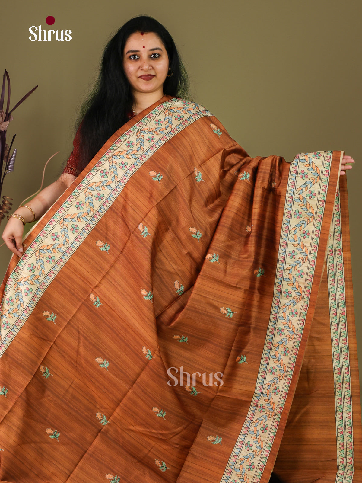 Brown & Cream - Printed Madhubani Saree - Shop on Shrus.com