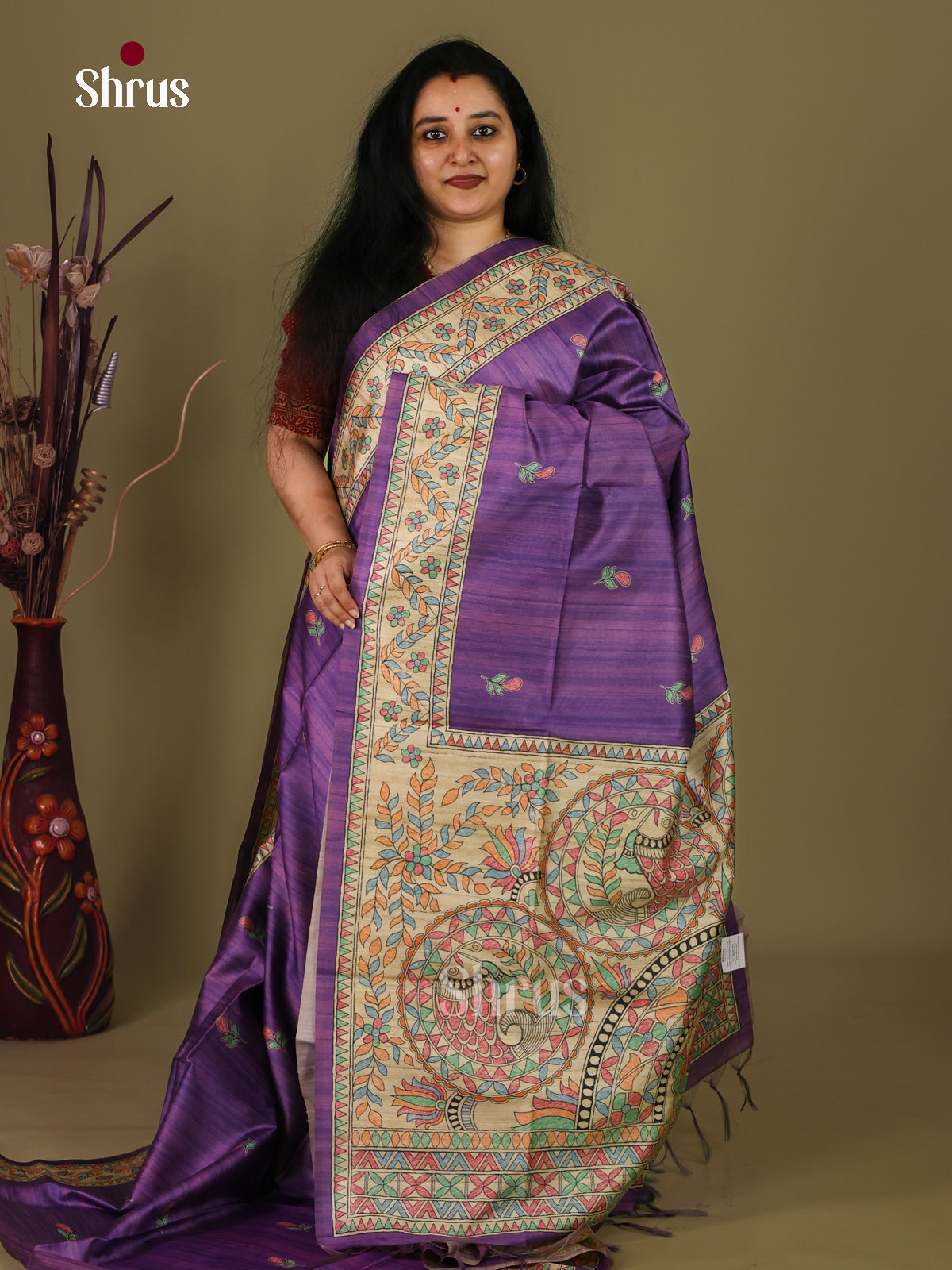 Violet & Cream - Printed Madhubani Saree - Shop on Shrus.com
