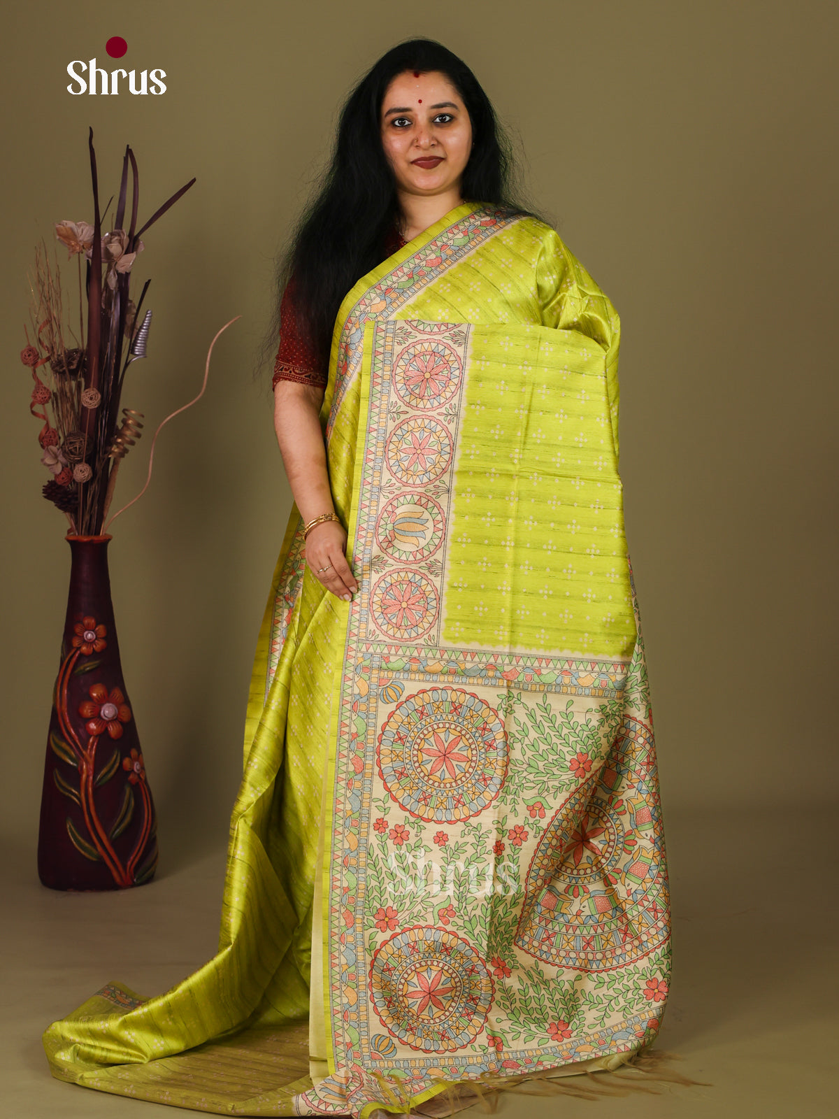 Lime Green & Cream - Printed Madhubani Saree - Shop on Shrus.com