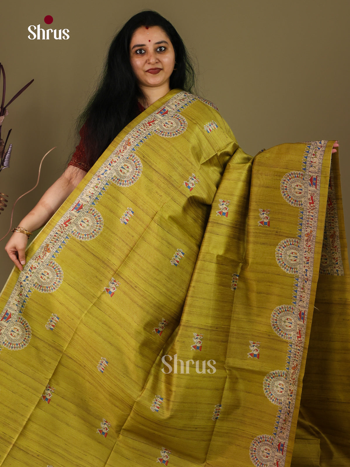Green & Cream - Printed Madhubani Saree