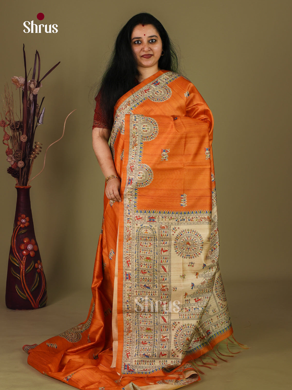 Orange & Cream - Printed Madhubani Saree - Shop on Shrus.com