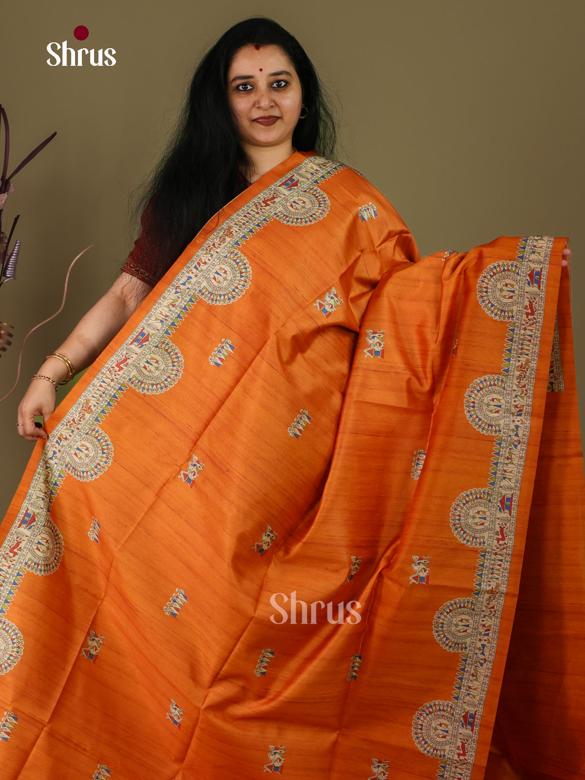 Orange & Cream - Printed Madhubani Saree - Shop on Shrus.com