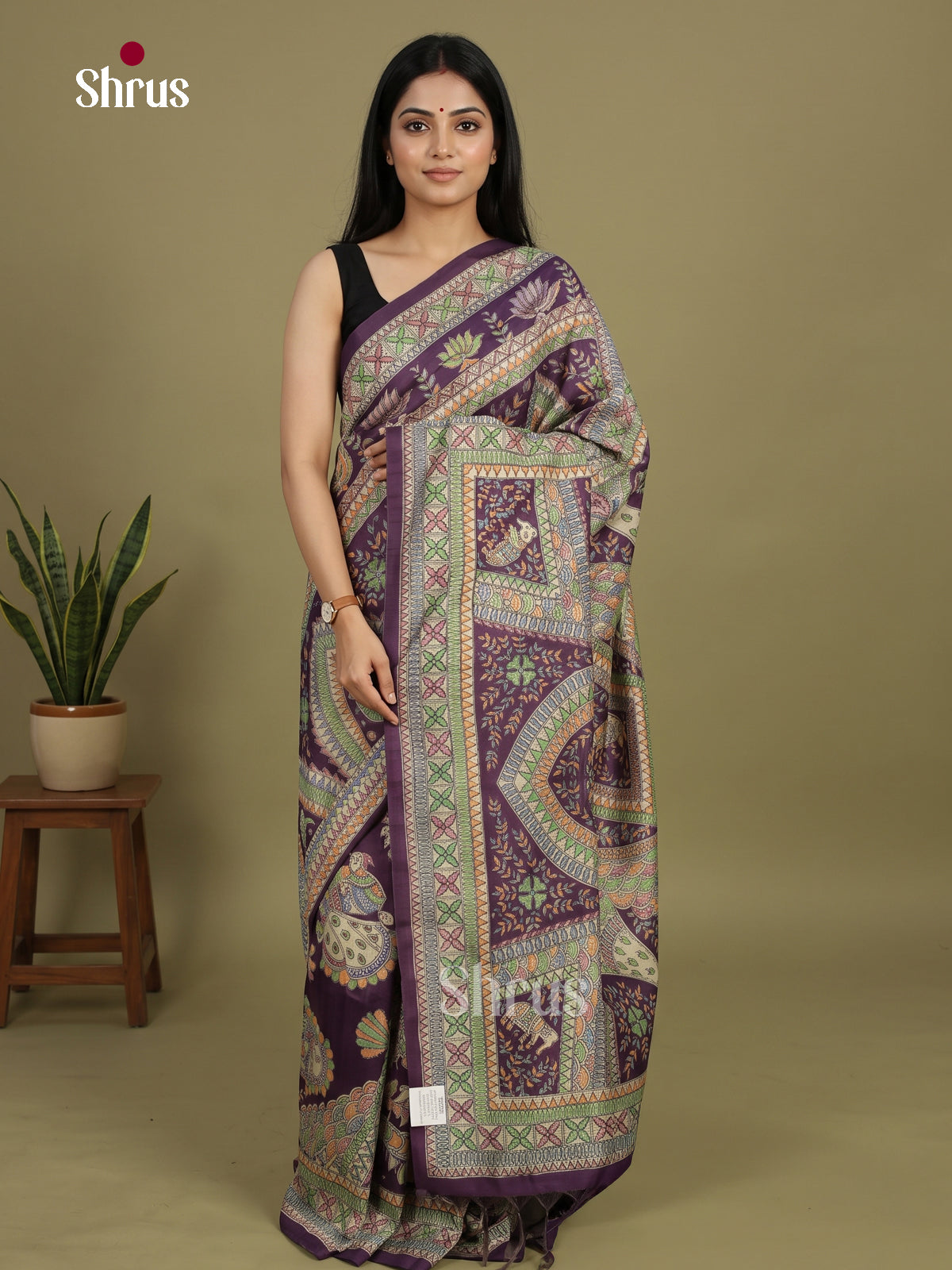 Violet - Printed Madhubani Saree