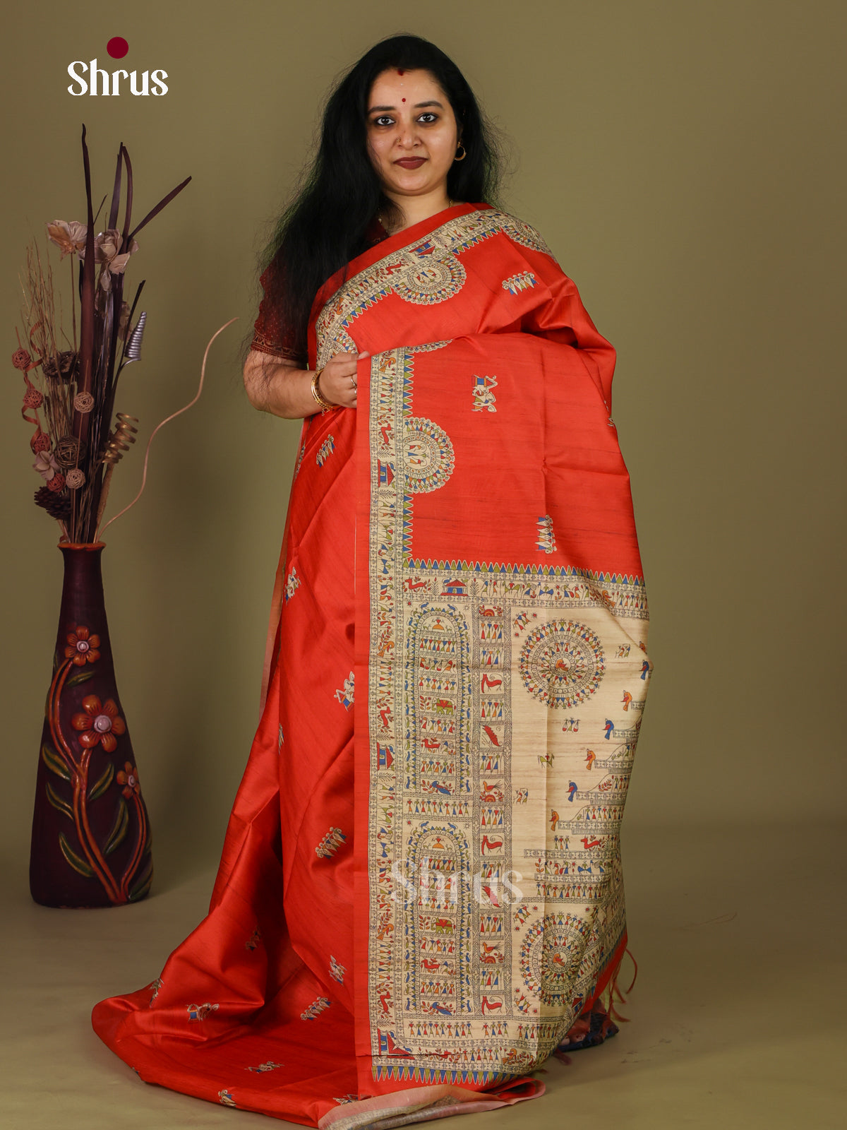 Orange & Cream - Printed Madhubani Saree - Shop on Shrus.com