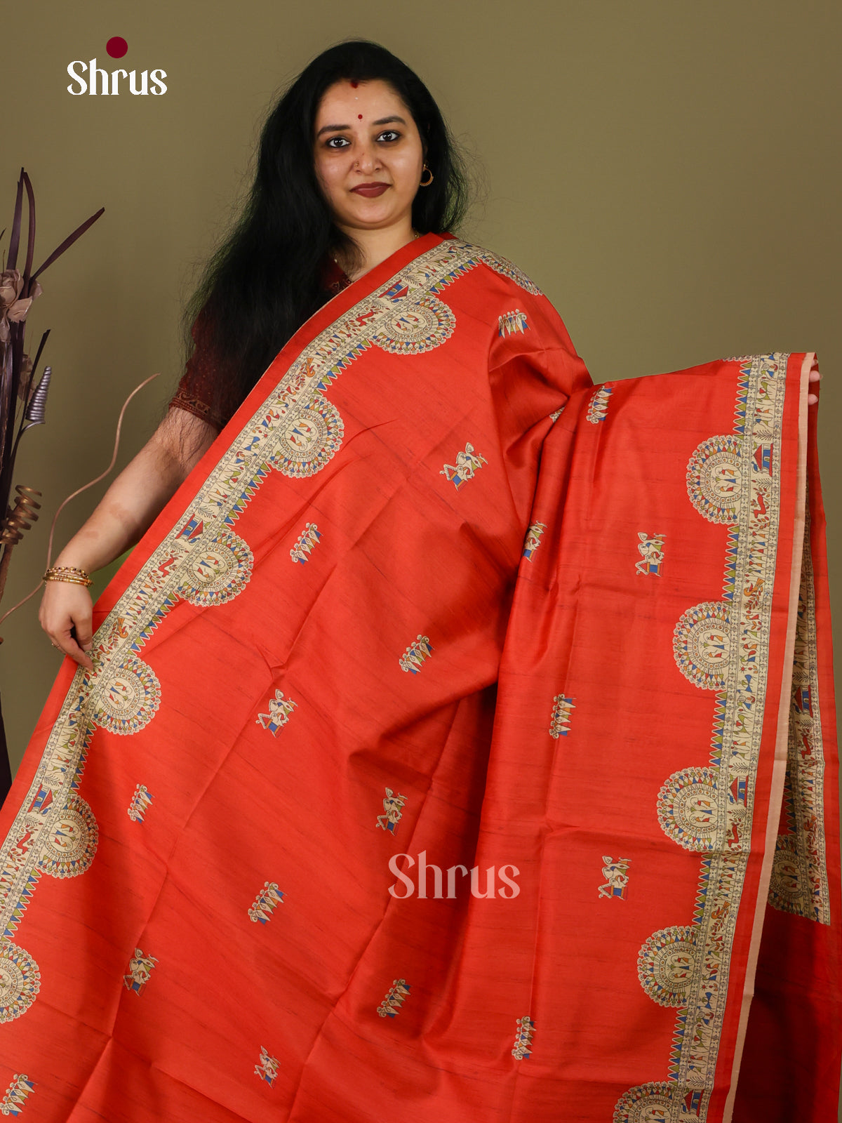 Orange & Cream - Printed Madhubani Saree - Shop on Shrus.com