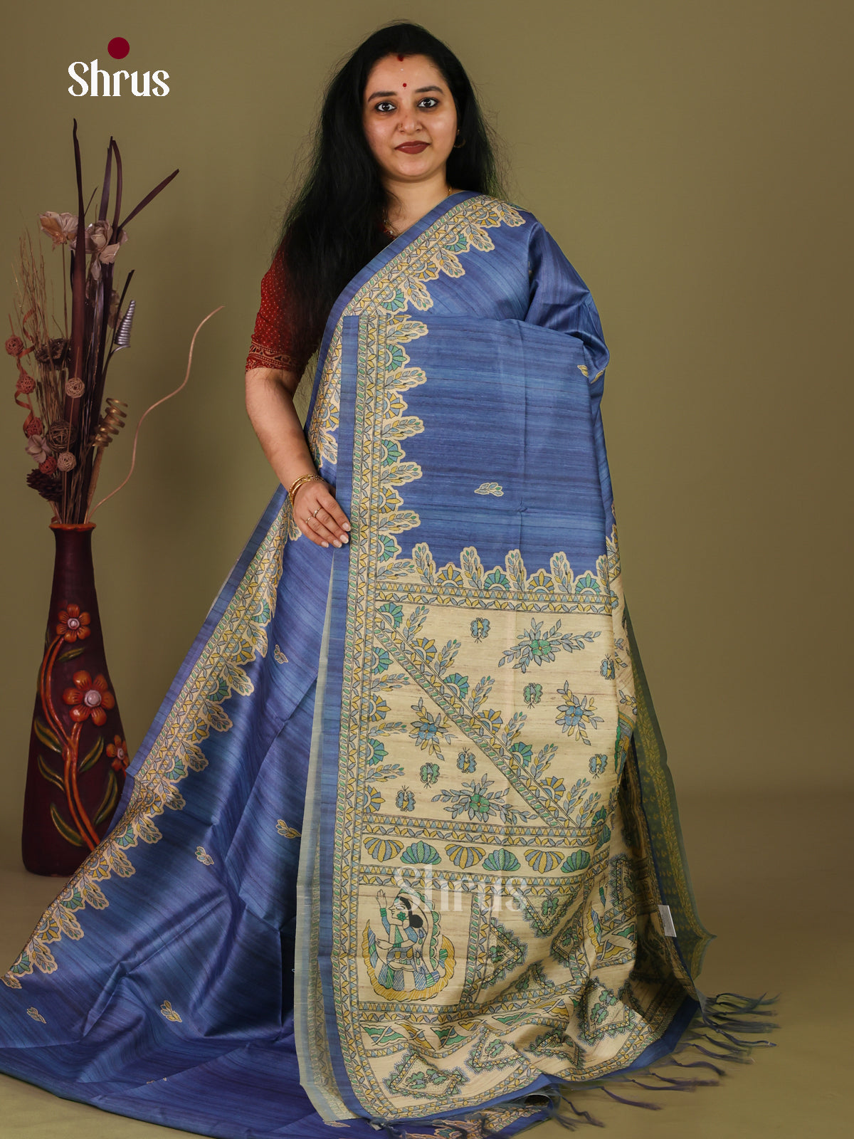 Blue & Cream - Printed Madhubani Saree - - Shop on Shrus.com