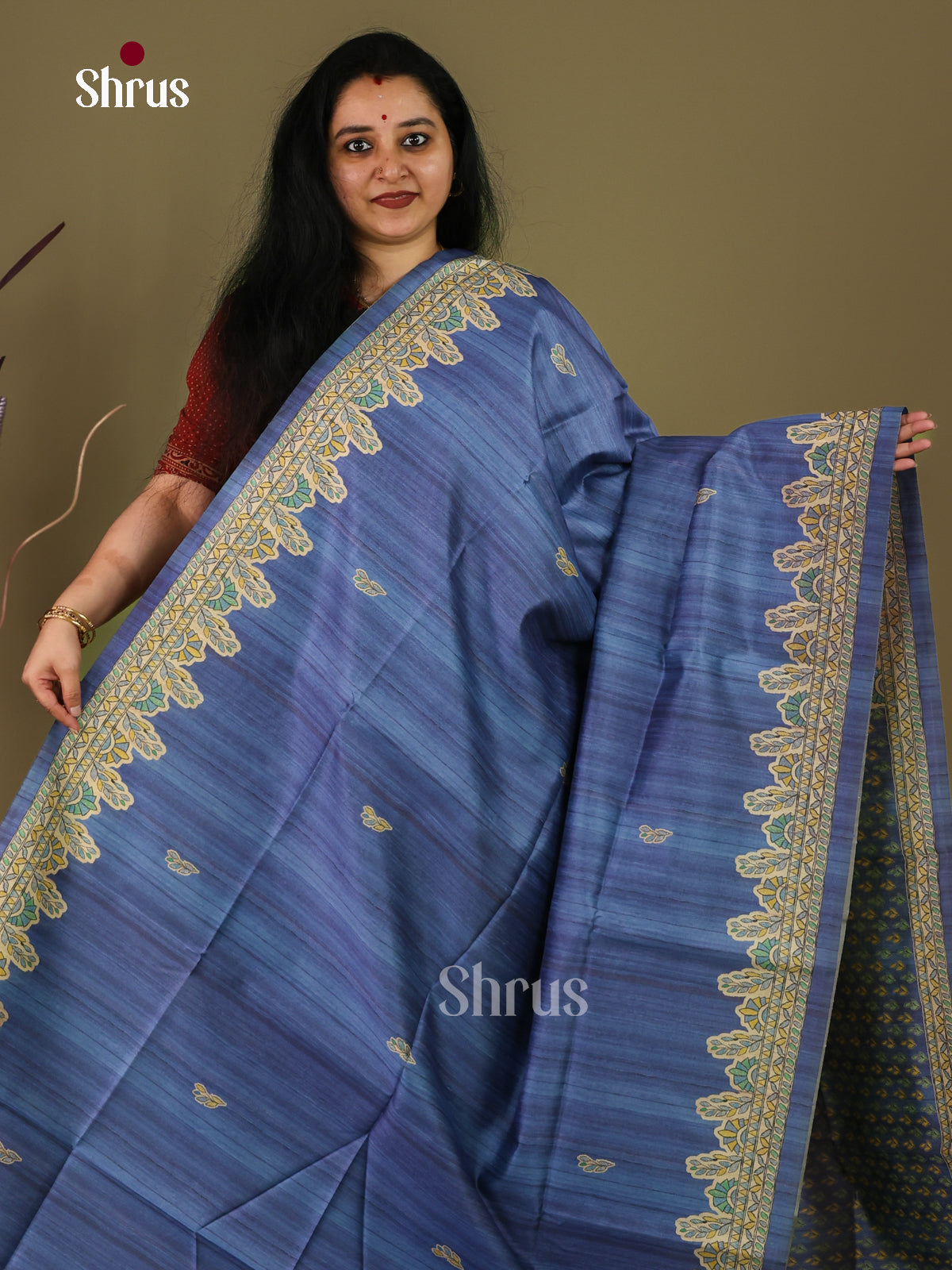 Blue & Cream - Printed Madhubani Saree - - Shop on Shrus.com