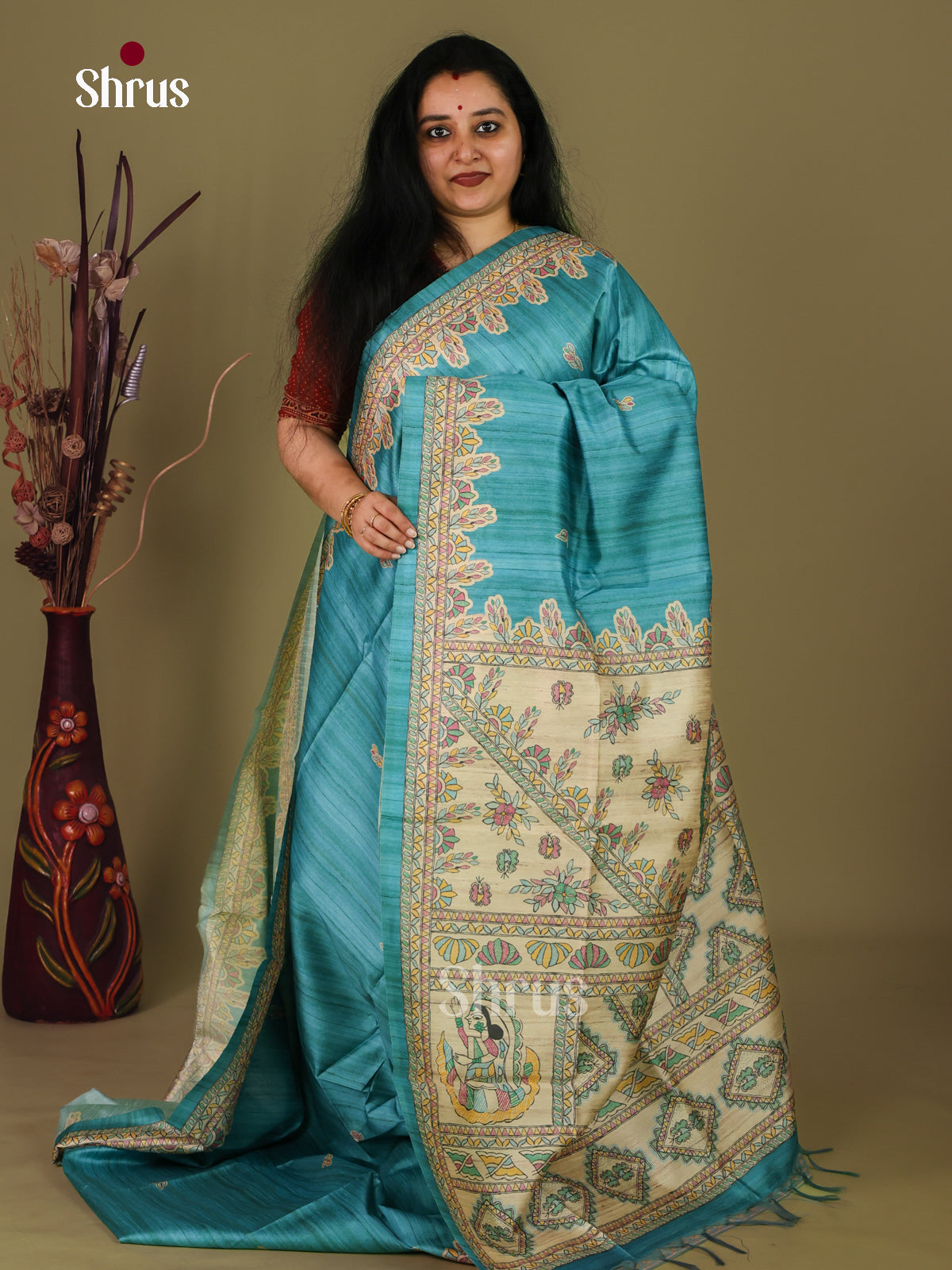 Light Blue - Printed Madhubani Saree - Shop on Shrus.com