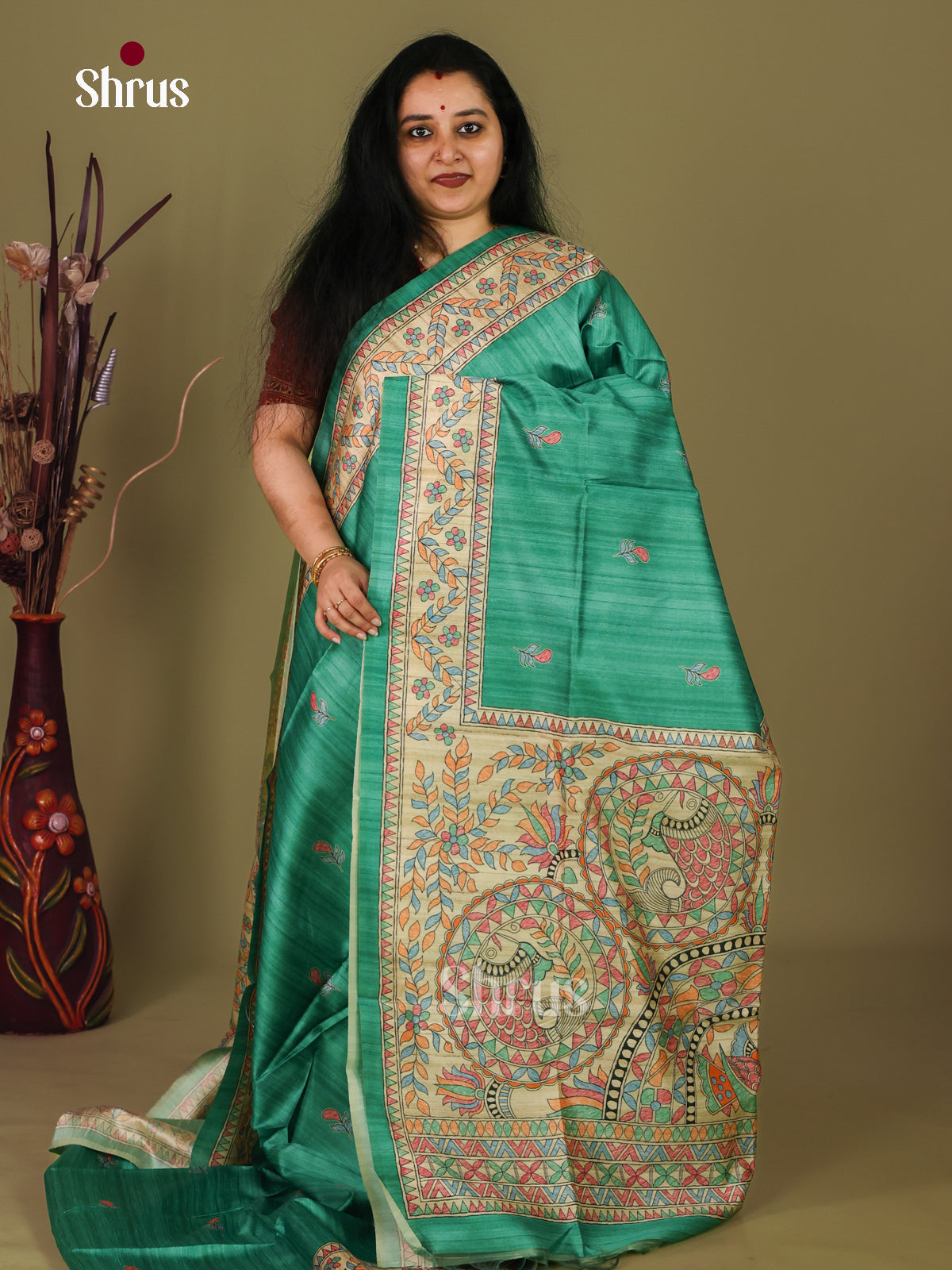 Green & Cream - Printed Madhubani Saree