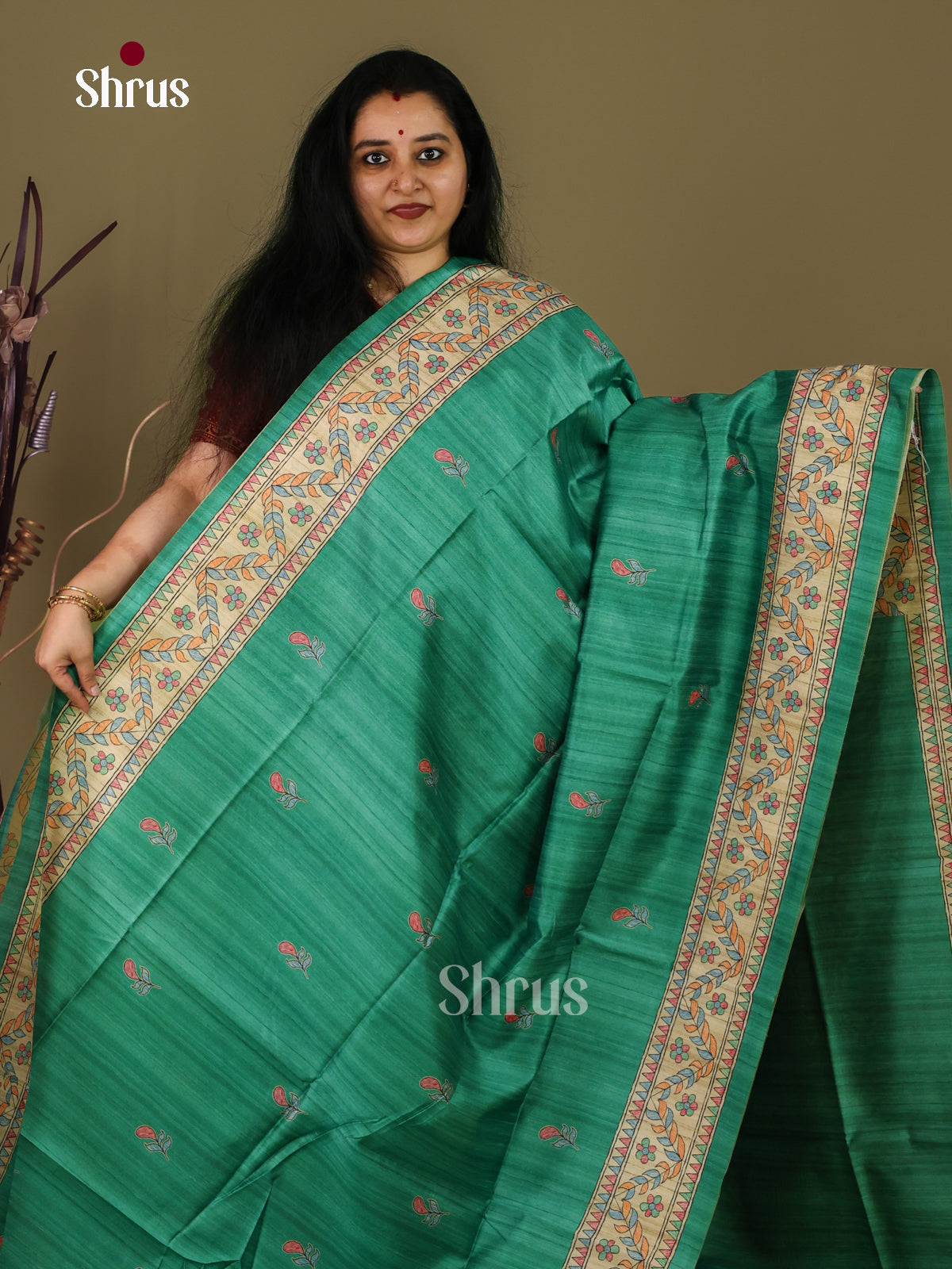 Green & Cream - Printed Madhubani Saree