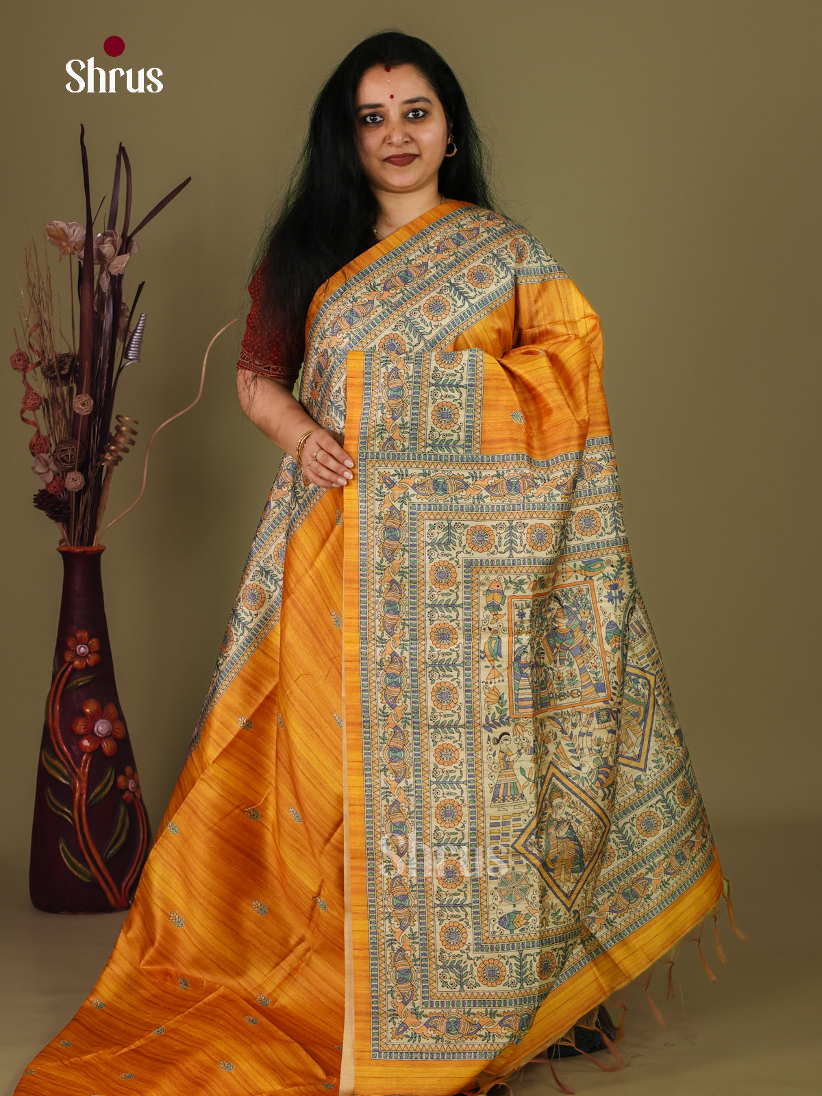 Mustard & Cream - Printed Madhubani Saree - Shop on Shrus.com
