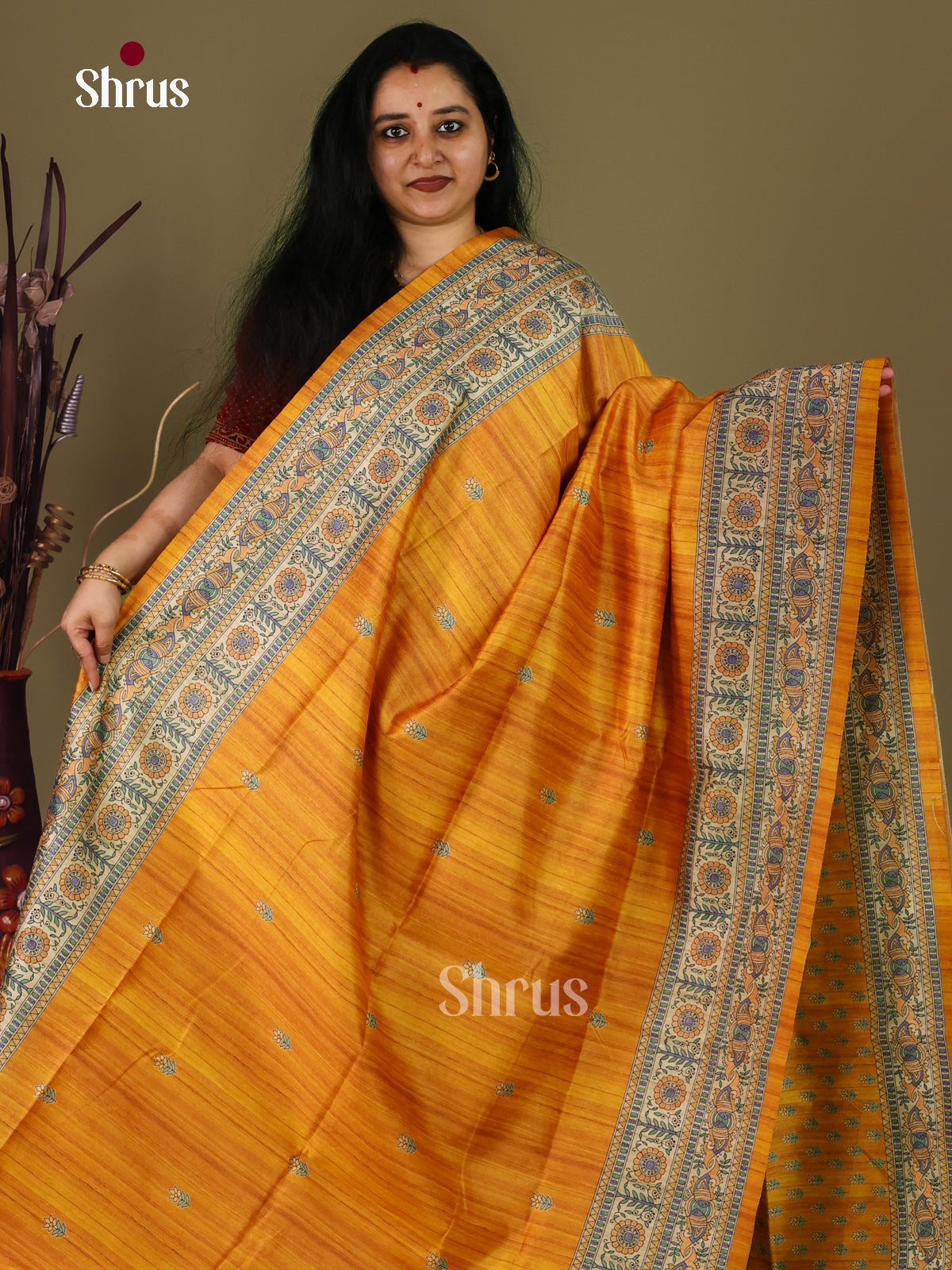 Mustard & Cream - Printed Madhubani Saree - Shop on Shrus.com