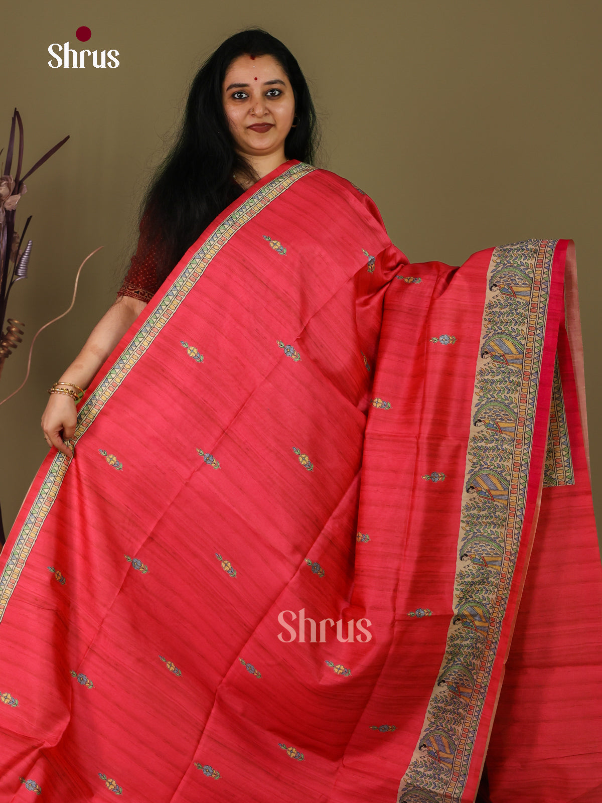 Pink & Cream - Printed Madhubani Saree - Shop on Shrus.com