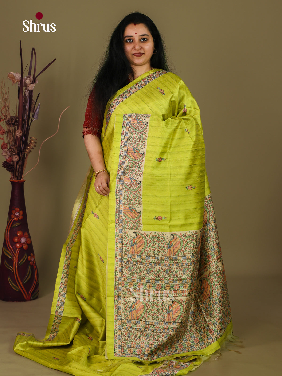 Lime Green & Cream - Printed Madhubani Saree - - Shop on Shrus.com