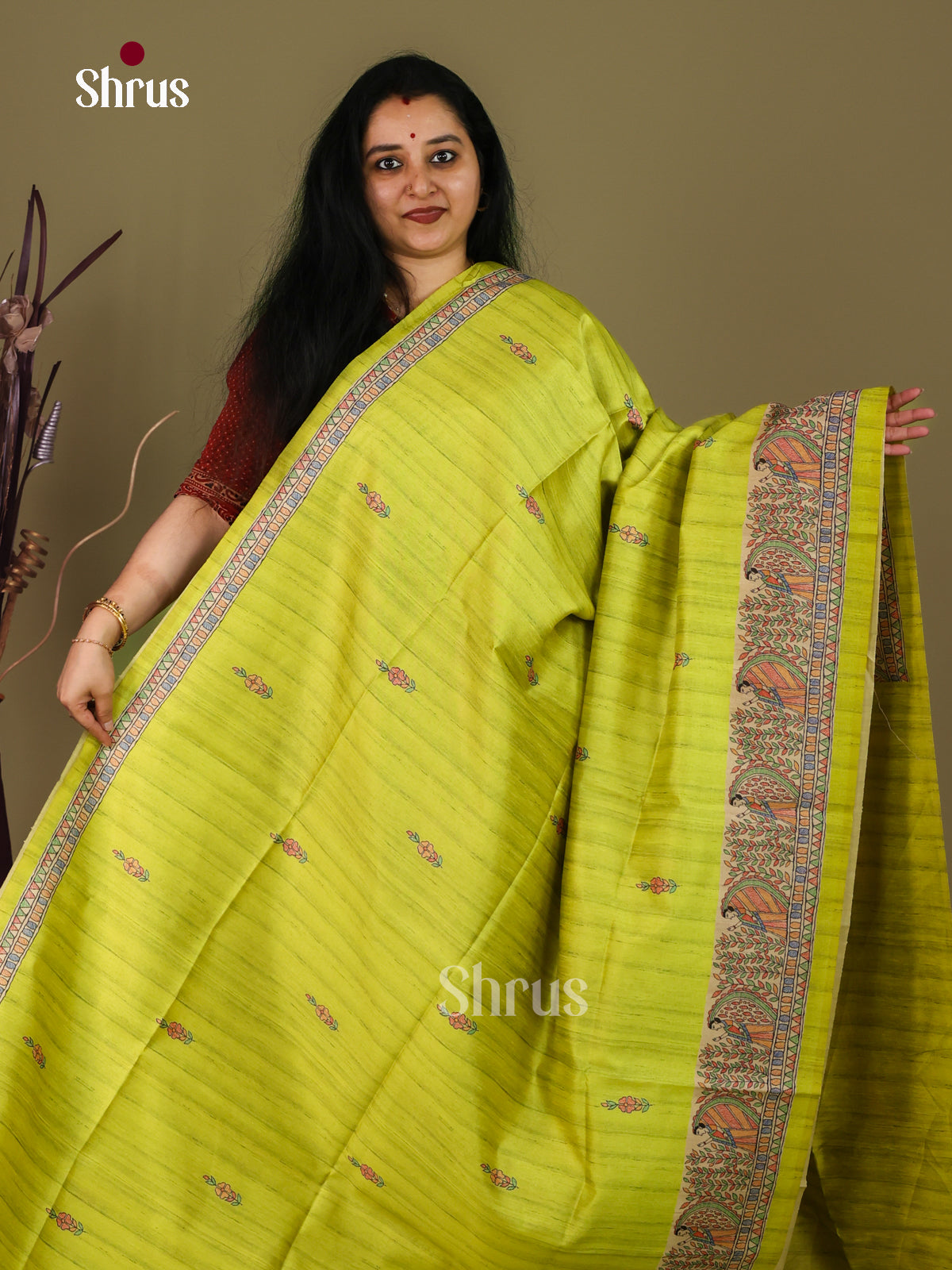 Lime Green & Cream - Printed Madhubani Saree - - Shop on Shrus.com