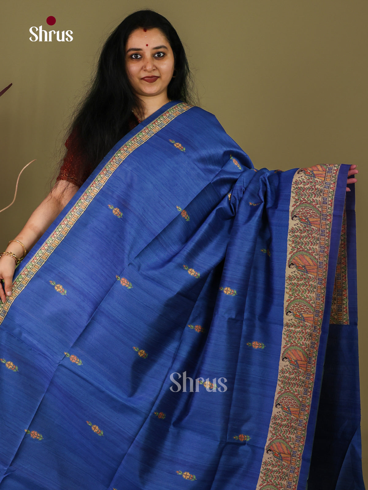 Blue & Cream - Printed Madhubani Saree - Shop on Shrus.com