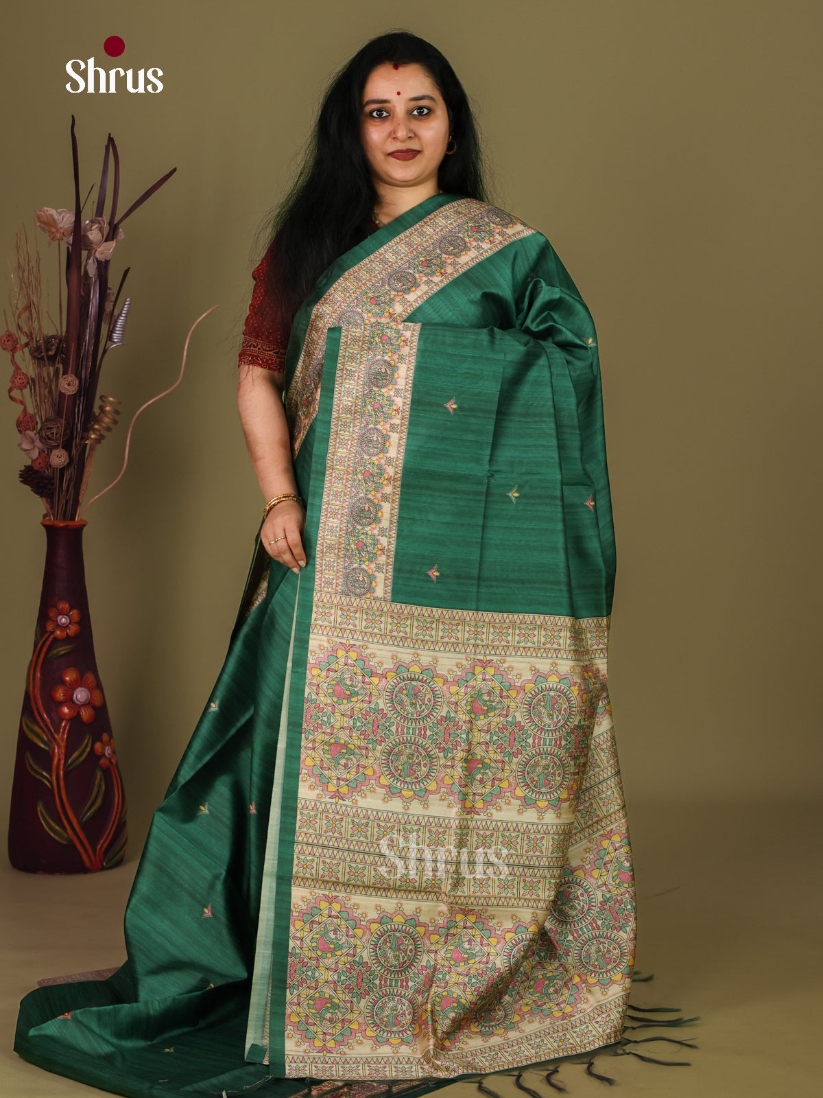 Green & Cream - Printed Madhubani Saree - Shop on Shrus.com