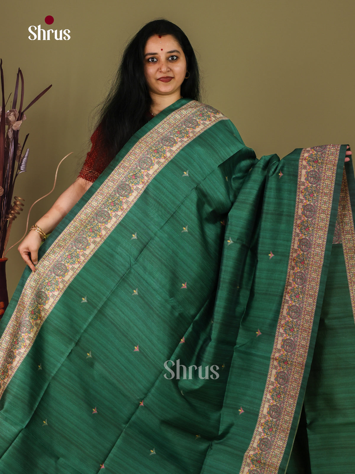 Green & Cream - Printed Madhubani Saree - Shop on Shrus.com