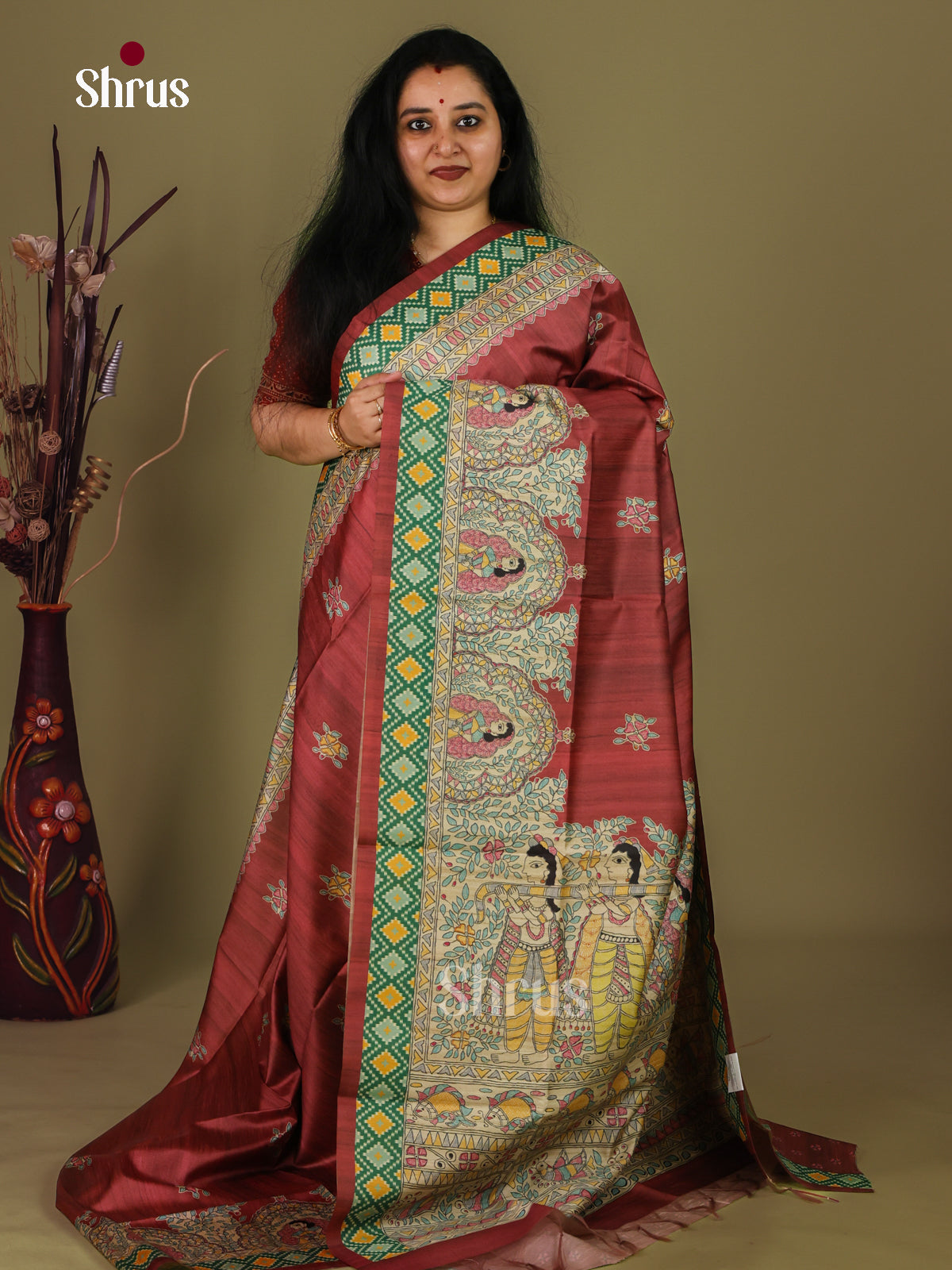 Brown & Cream- Printed Madhubani Saree