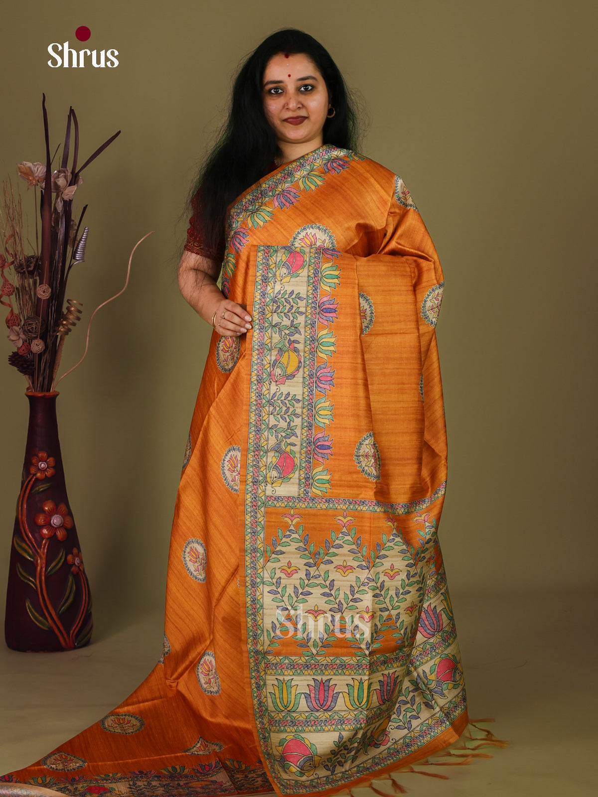 Orange & Cream - Printed Madhubani Saree - Shop on Shrus.com