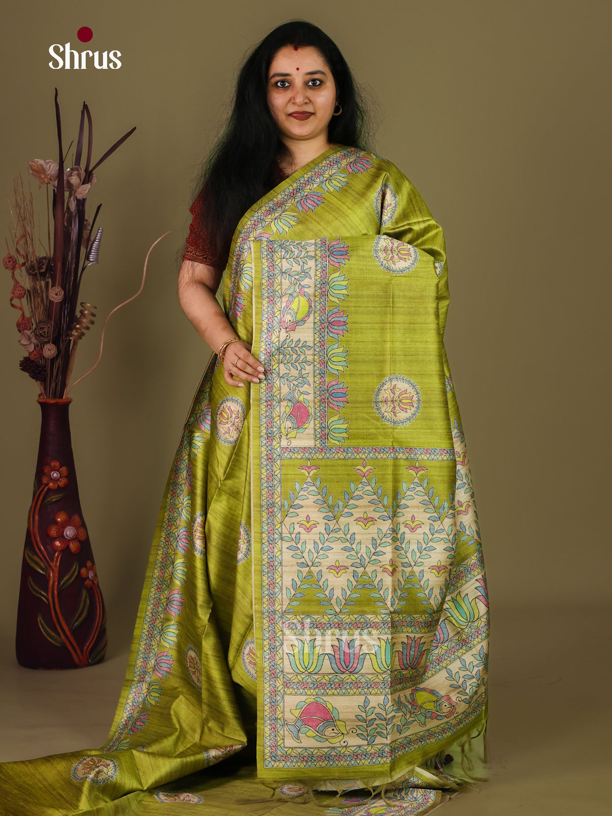 Light Green & Cream - Printed Madhubani Saree - EI16741 - Shop on Shrus.com