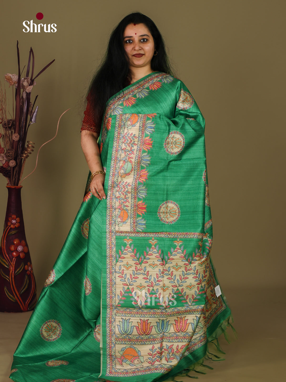 Green & Cream - Printed Madhubani Saree - Shop on Shrus.com