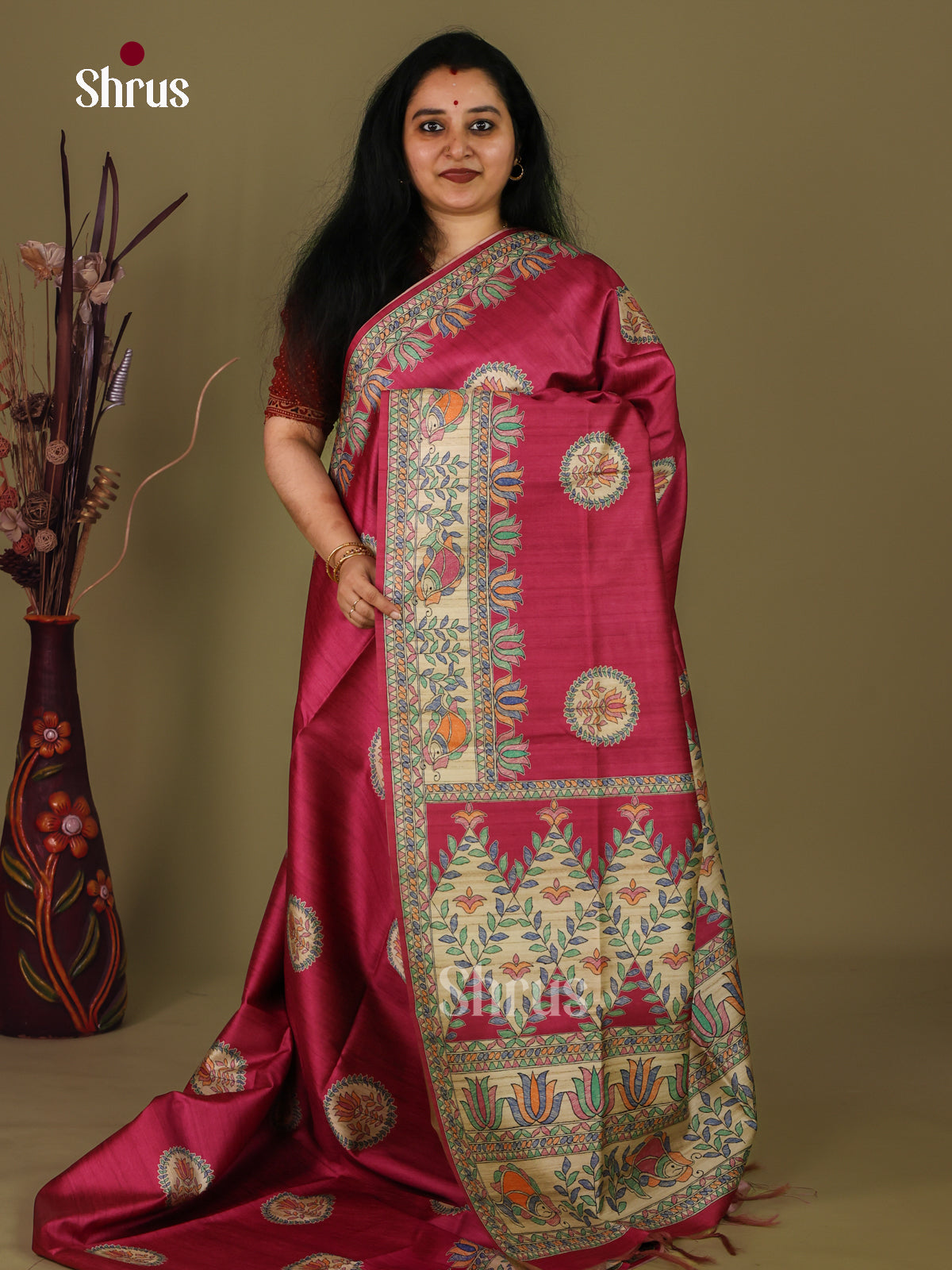 Maroon & Cream - Printed Madhubani Saree - Shop on Shrus.com