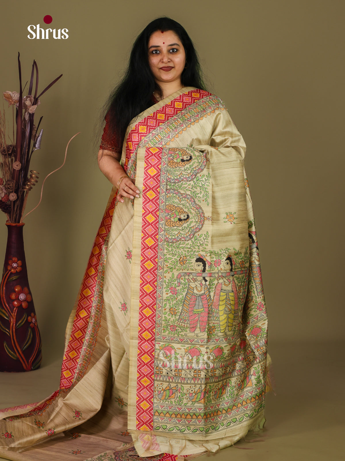 Beige & Pink - Printed Madhubani Saree - Shop on Shrus.com