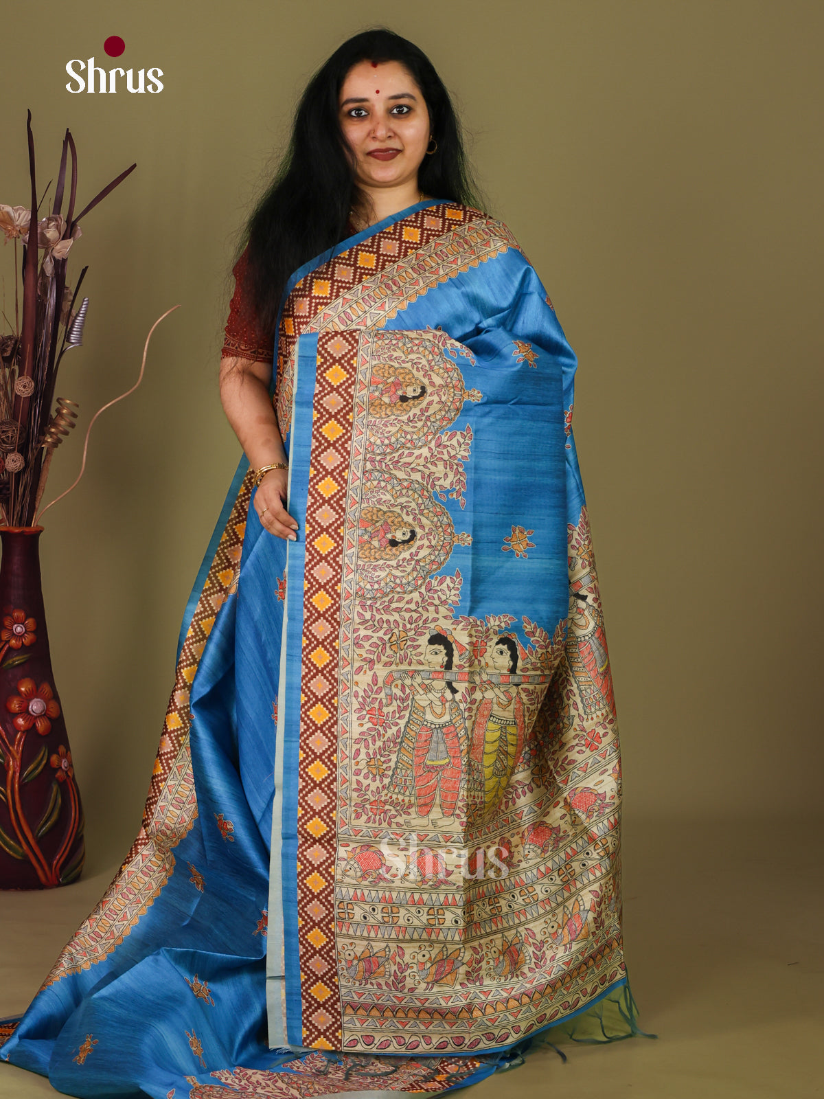 Blue & Cream - Printed Madhubani Saree - Shop on Shrus.com