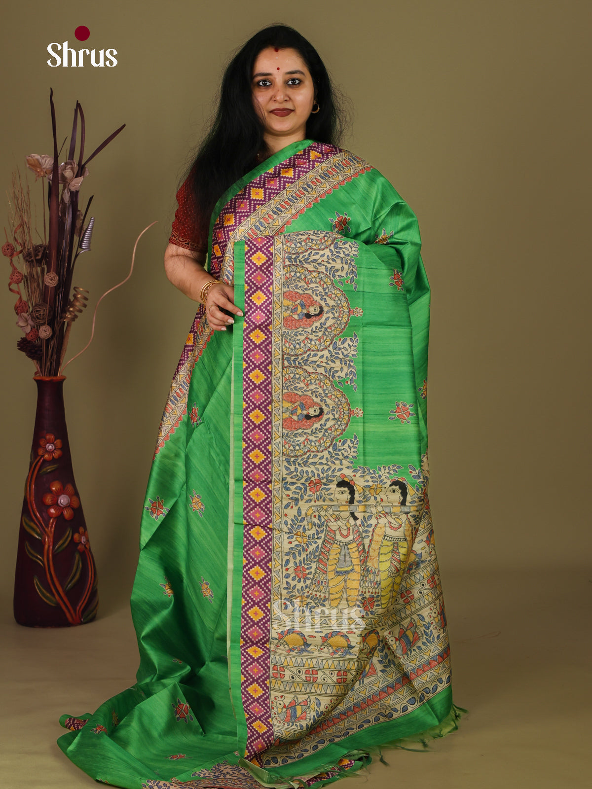 Green & Cream - Printed Madhubani Saree