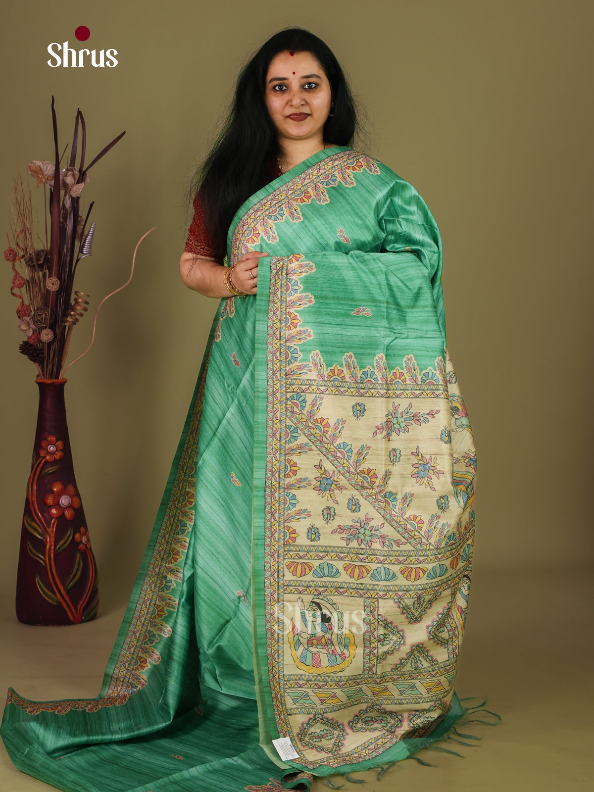 Green & Cream - Printed Madhubani Saree