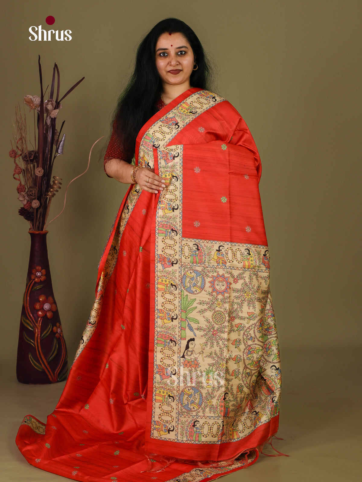 Orangish Red & Cream - Printed Madhubani Saree - Shop on Shrus.com