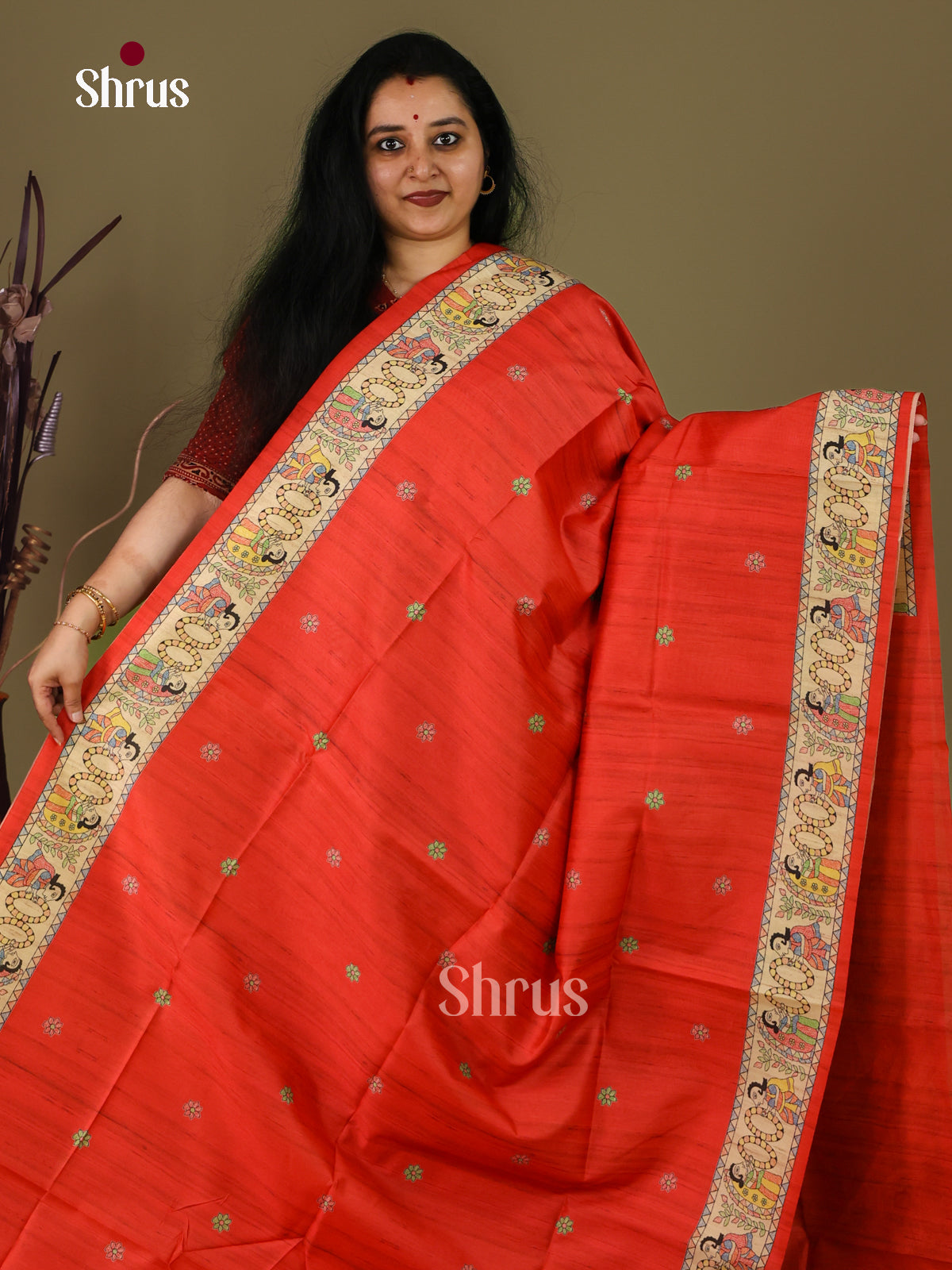 Orangish Red & Cream - Printed Madhubani Saree - Shop on Shrus.com