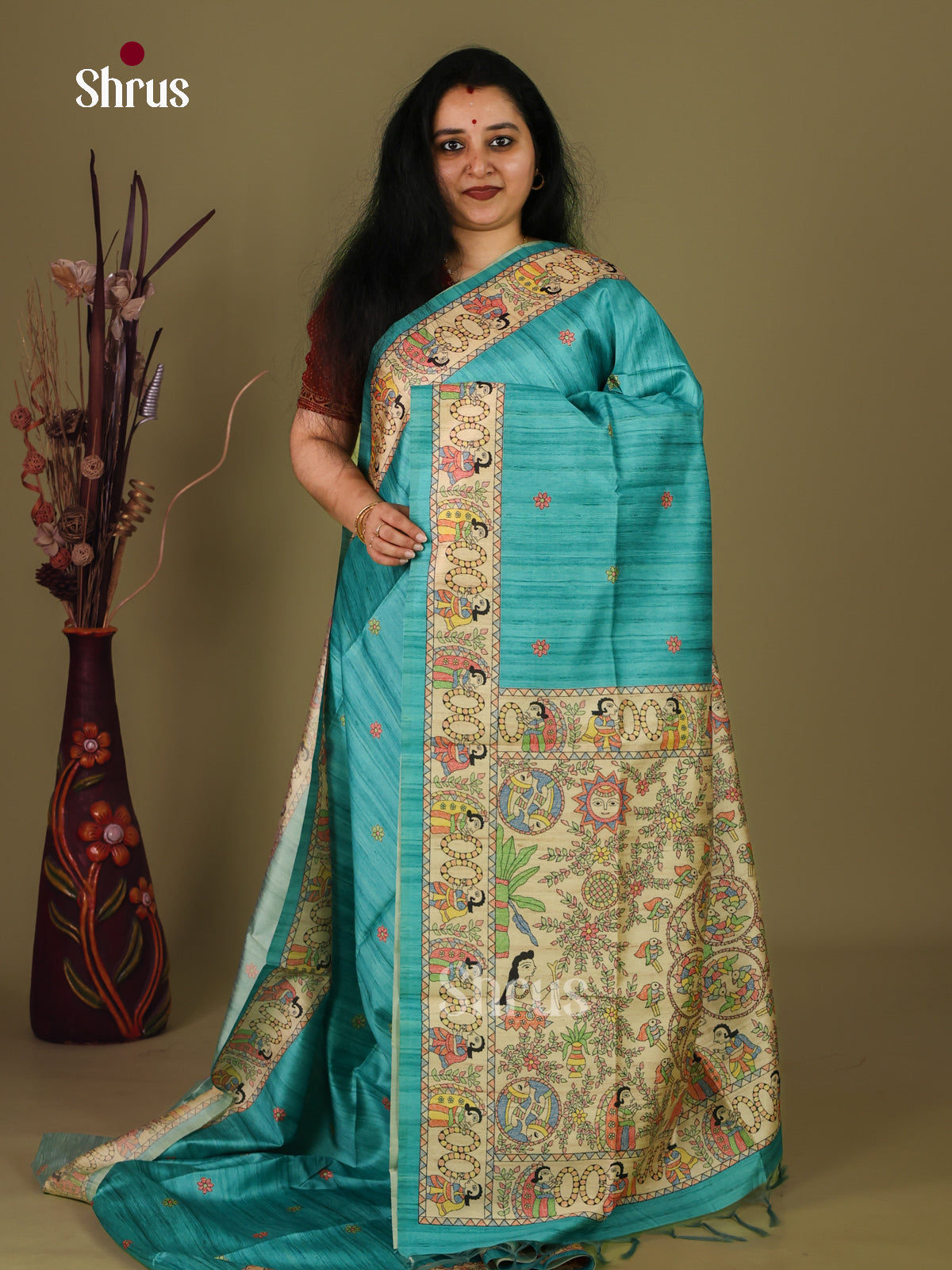 Light Blue & Cream - Printed Madhubani Saree - Shop on Shrus.com