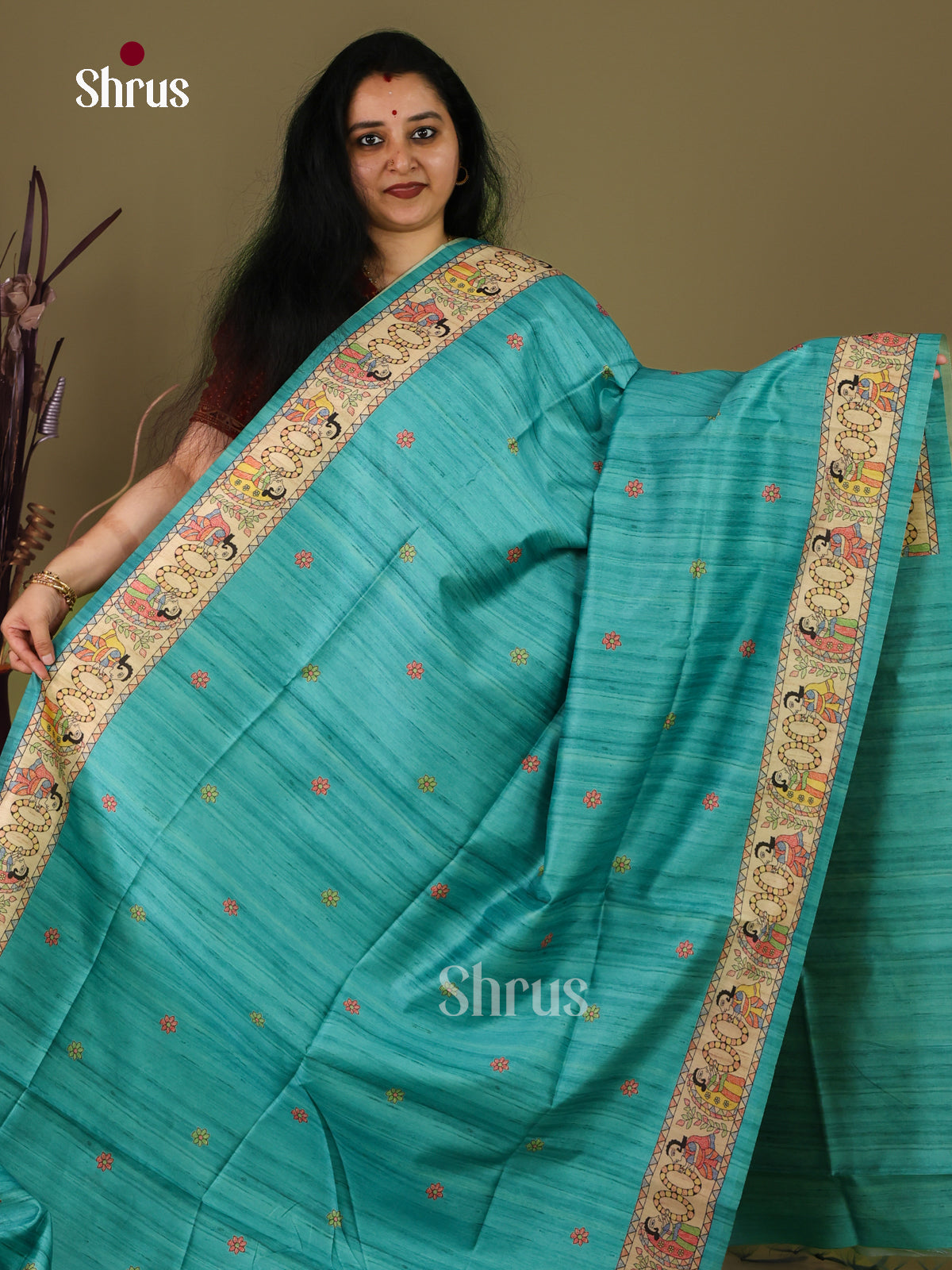 Light Blue & Cream - Printed Madhubani Saree - Shop on Shrus.com