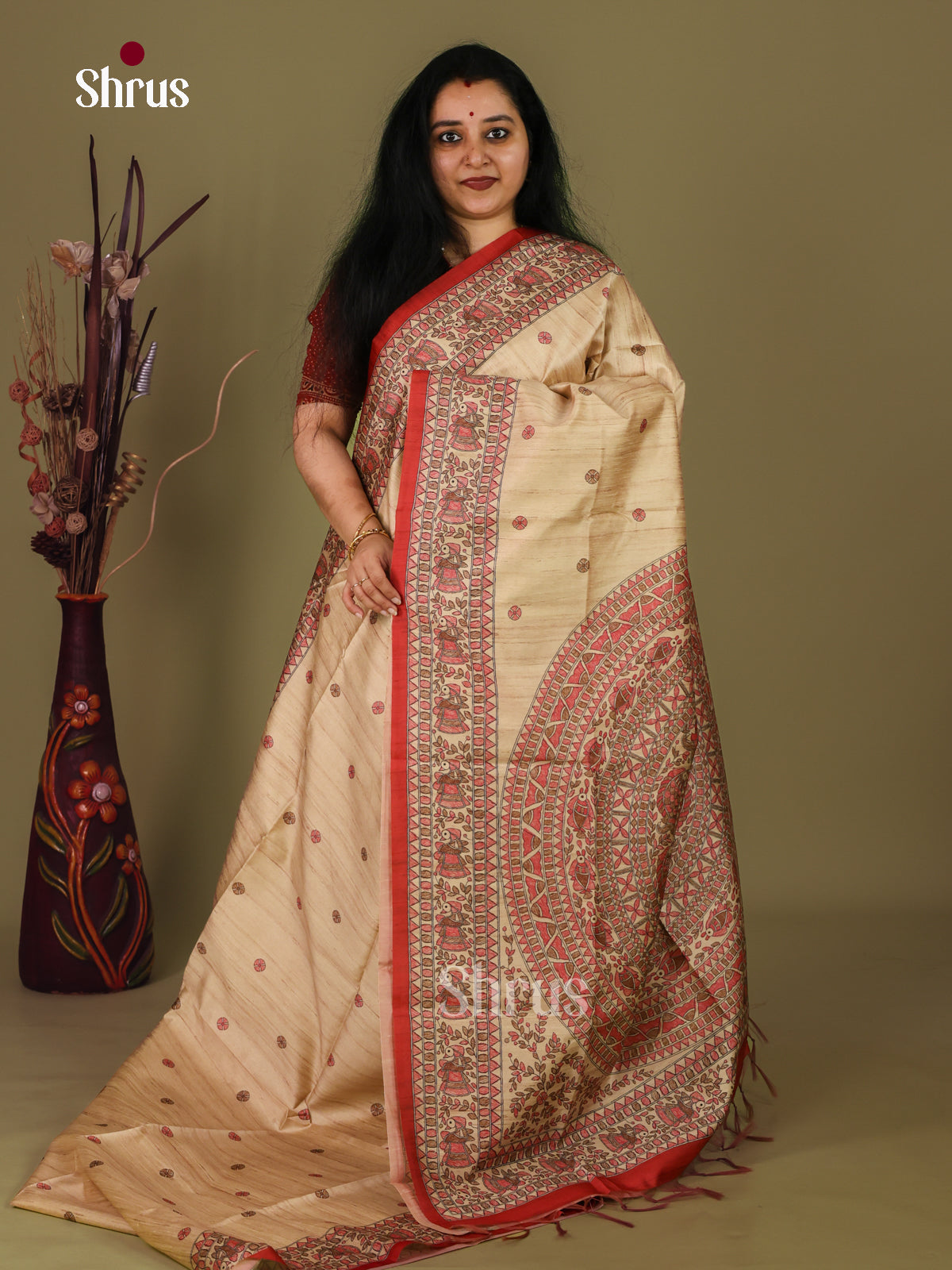 Beige & Maroon - Printed Madhubani Saree - Shop on Shrus.com
