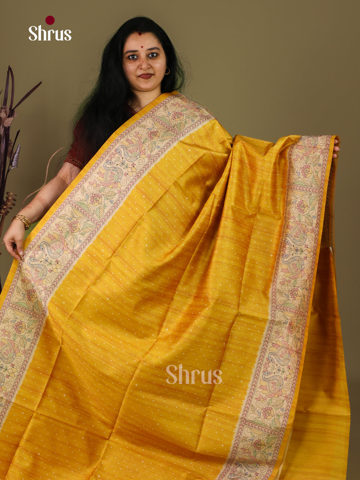 Mustard & Cream - Printed Madhubani Saree - Shop on Shrus.com