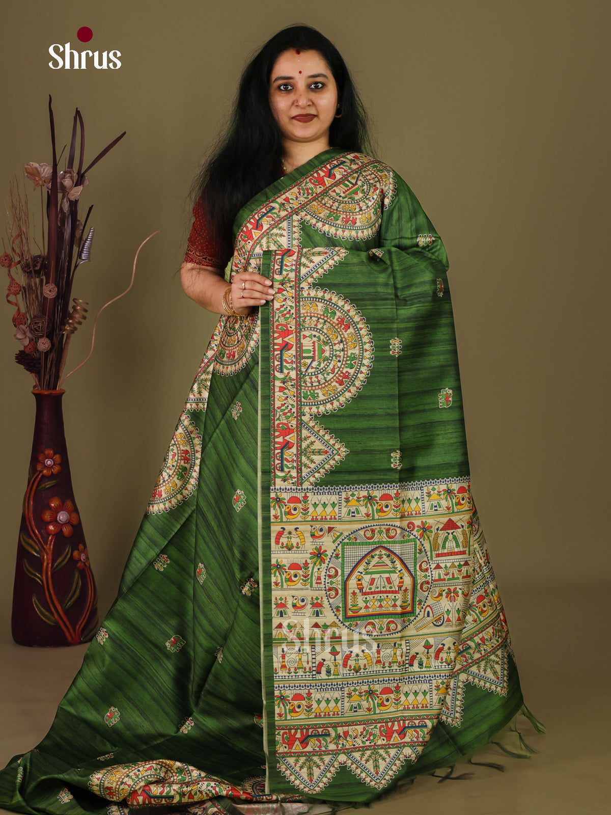 Green & Cream - Printed Madhubani Saree - EI16779 - Shop on Shrus.com