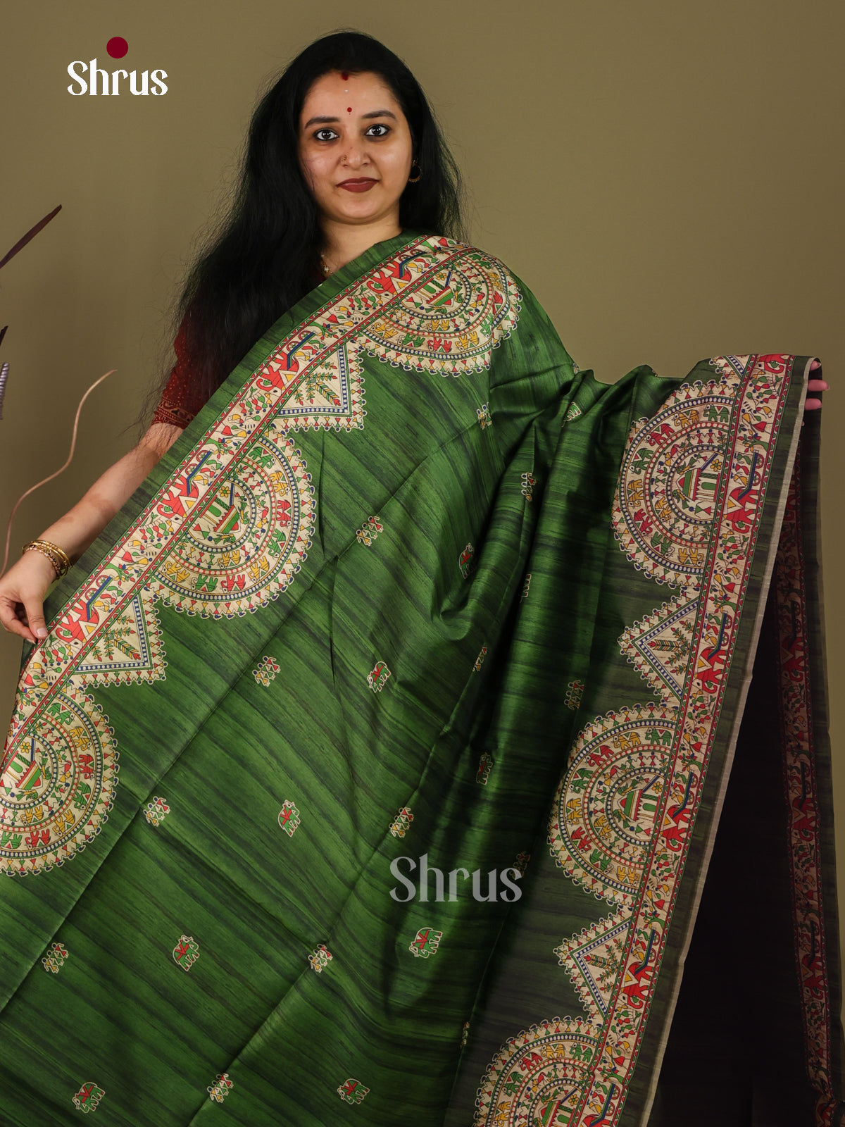 Green & Cream - Printed Madhubani Saree - EI16779 - Shop on Shrus.com