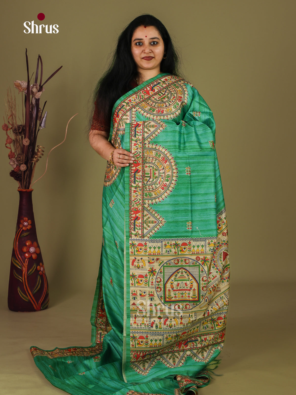 Green & Cream - Printed Madhubani Saree
